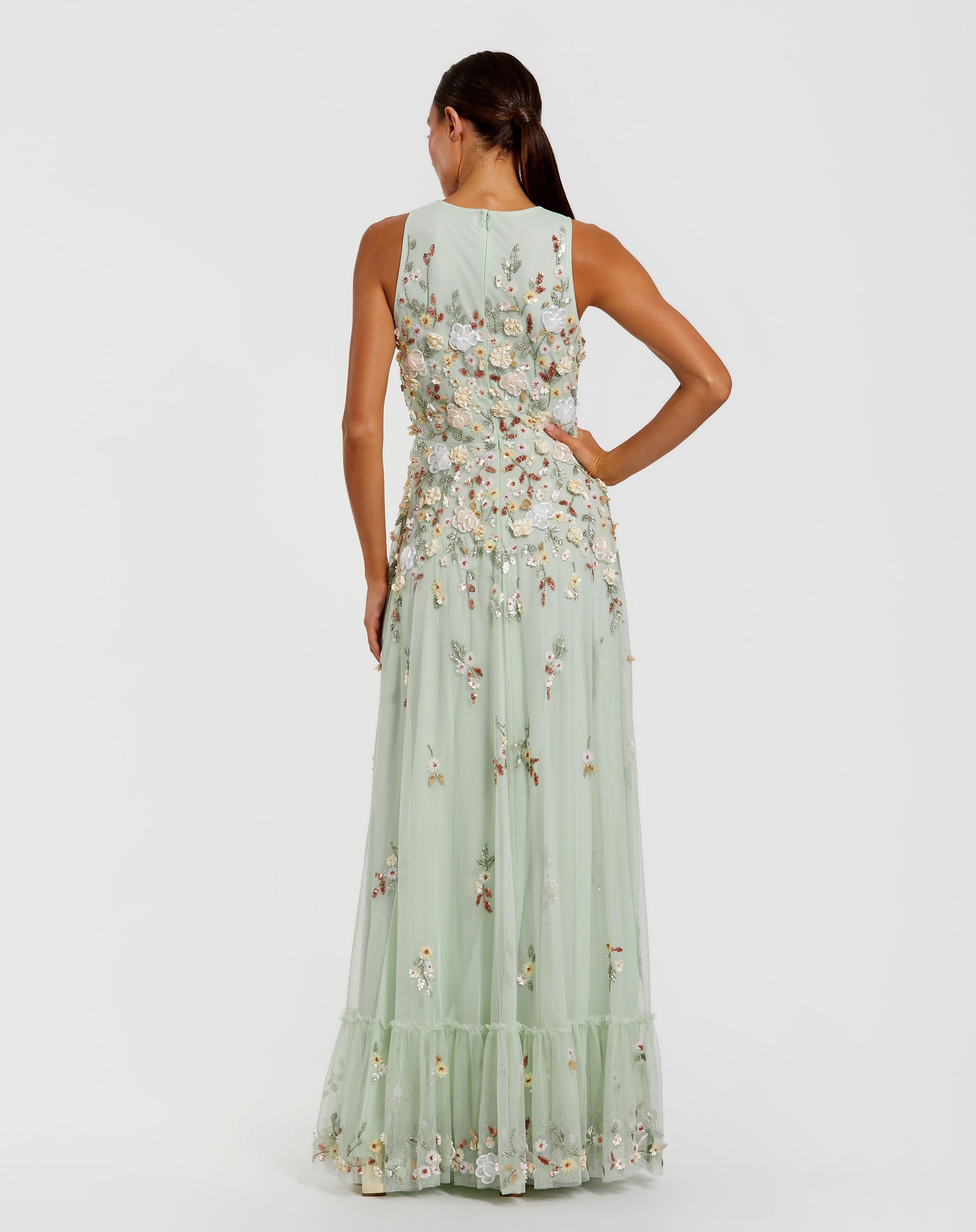 Green Floral Embellished High Neck Sleeveless Gown - Mac Duggal
