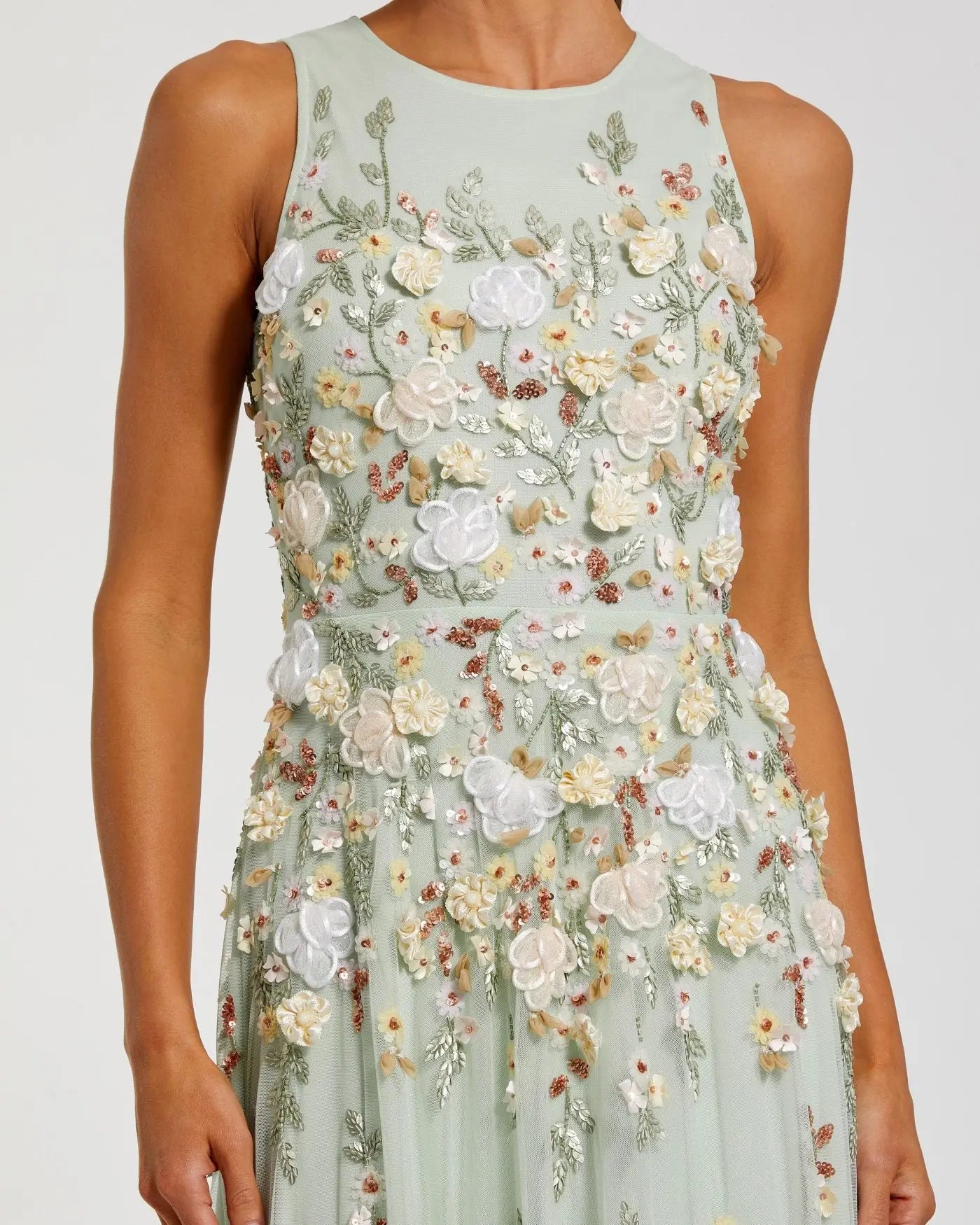 Green Floral Embroidered High Neck Sleeveless Gown | Mac Duggal Green Floral Embroidered High Neck Sleeveless Gown | Mac Duggal