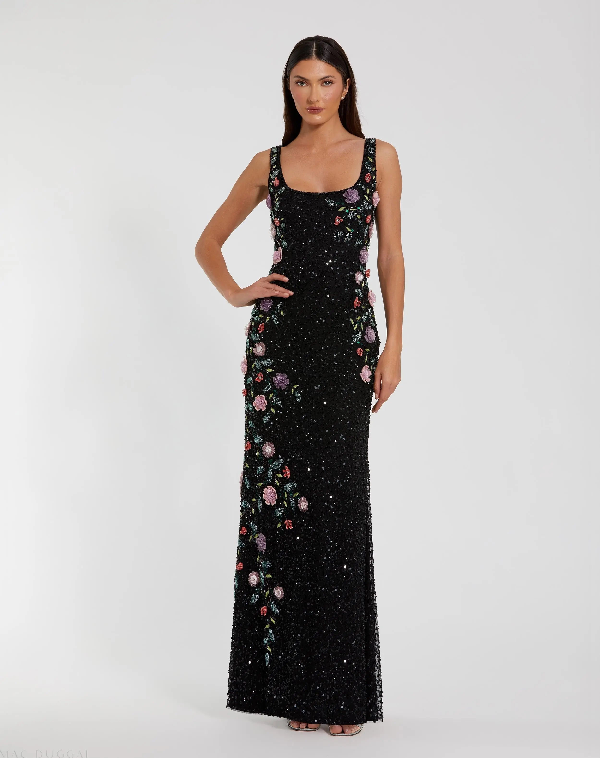 Black Floral Beaded Mesh Scoop Neck Sleeveless Gown - Mac Duggal 