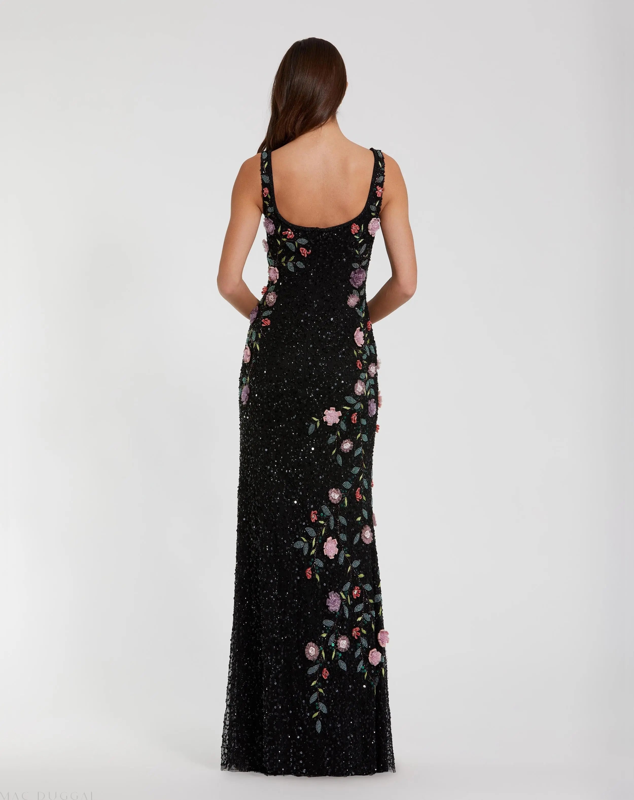 Black Floral Beaded Mesh Scoop Neck Sleeveless Gown - Mac Duggal 