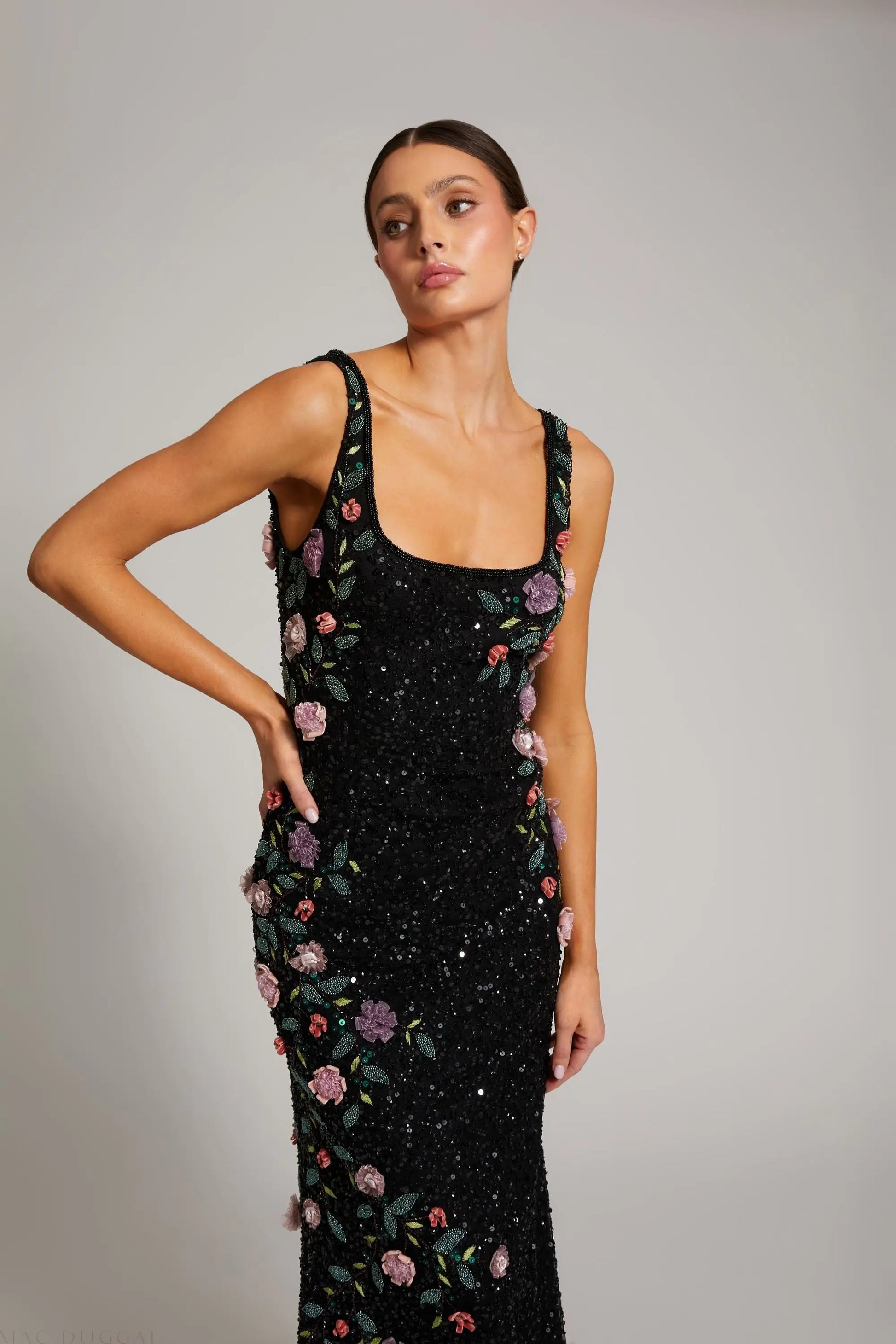 Black Floral Beaded Mesh Scoop Neck Sleeveless Gown | Mac Duggal Black Floral Beaded Mesh Scoop Neck Sleeveless Gown | Mac Duggal