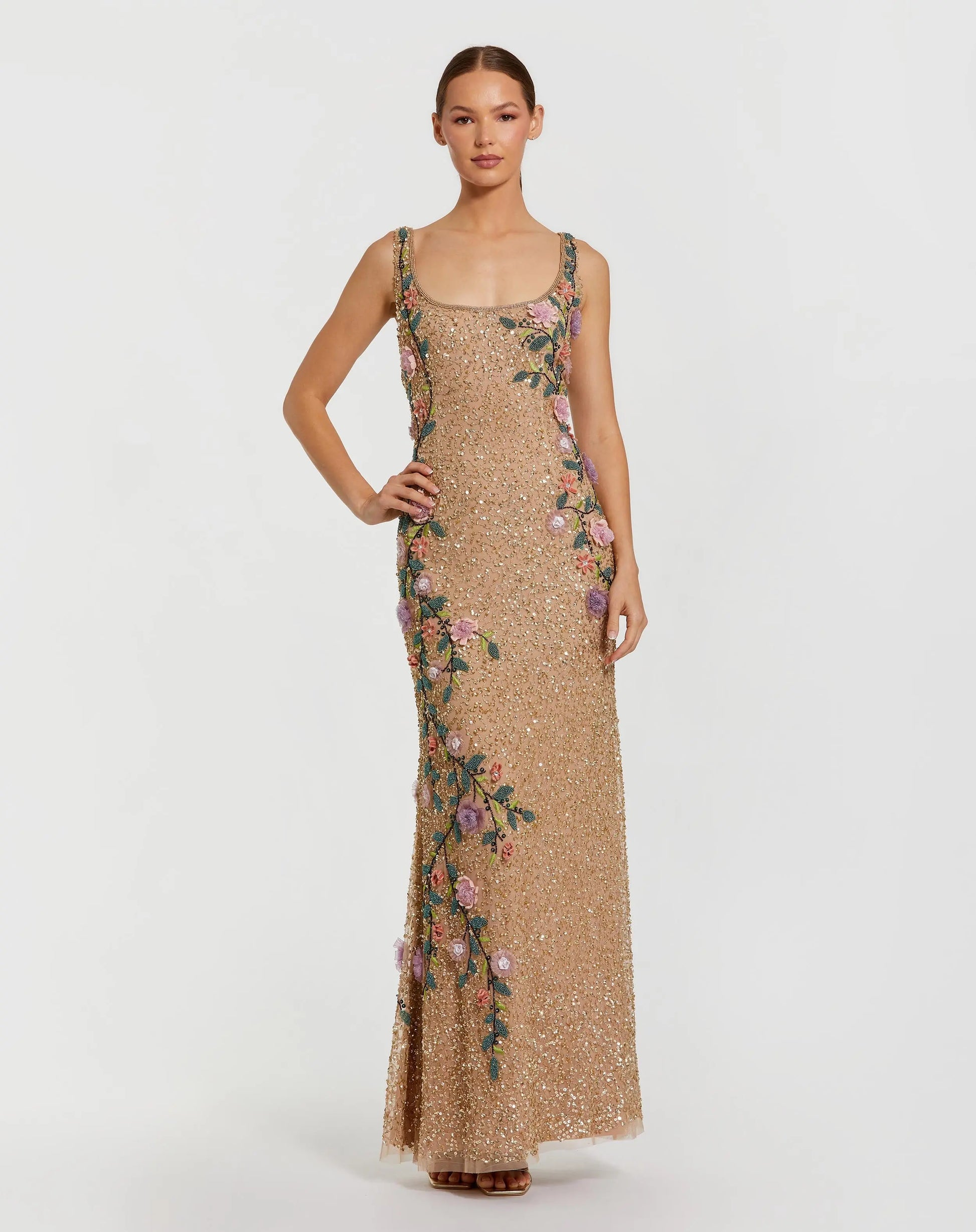 Beige Floral Beaded Mesh Scoop Neck Sleeveless Gown | Mac Duggal Beige Floral Beaded Mesh Scoop Neck Sleeveless Gown | Mac Duggal
