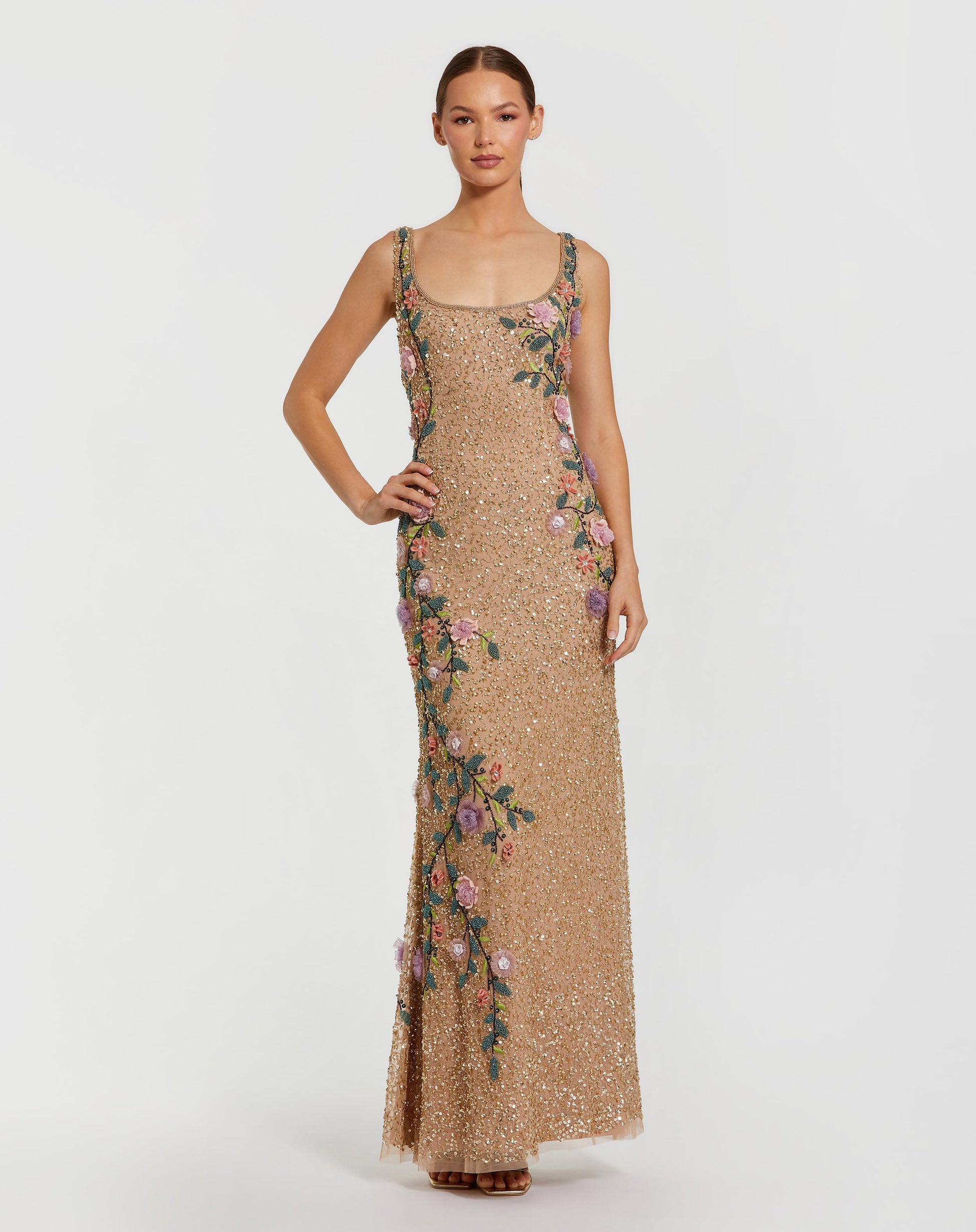 Beige Floral Beaded Mesh Scoop Neck Sleeveless Gown - Mac Duggal