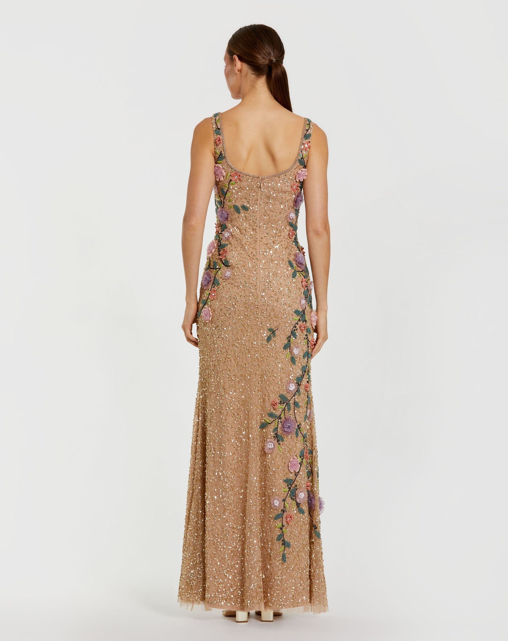 Beige Floral Beaded Mesh Scoop Neck Sleeveless Gown - Mac Duggal