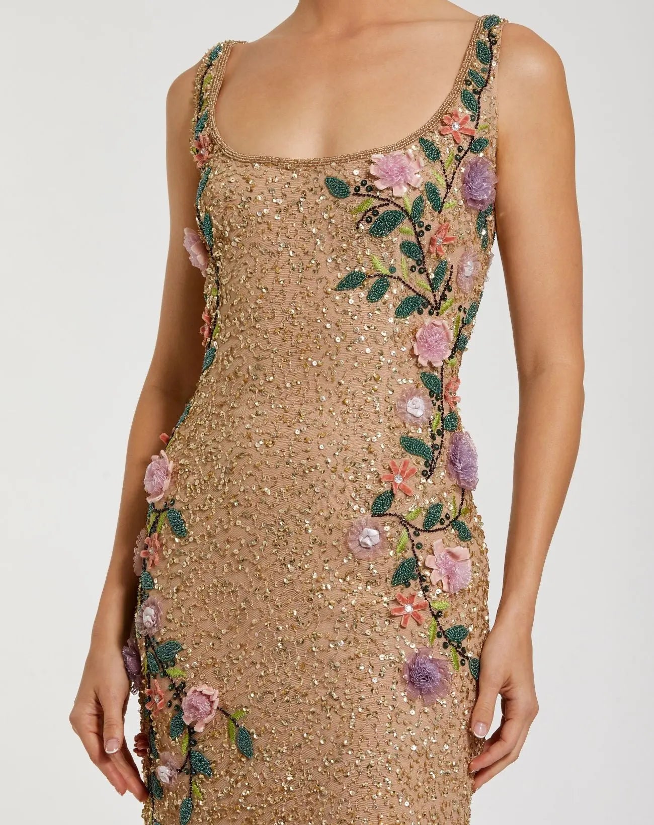 Beige Floral Beaded Mesh Scoop Neck Sleeveless Gown - Mac Duggal