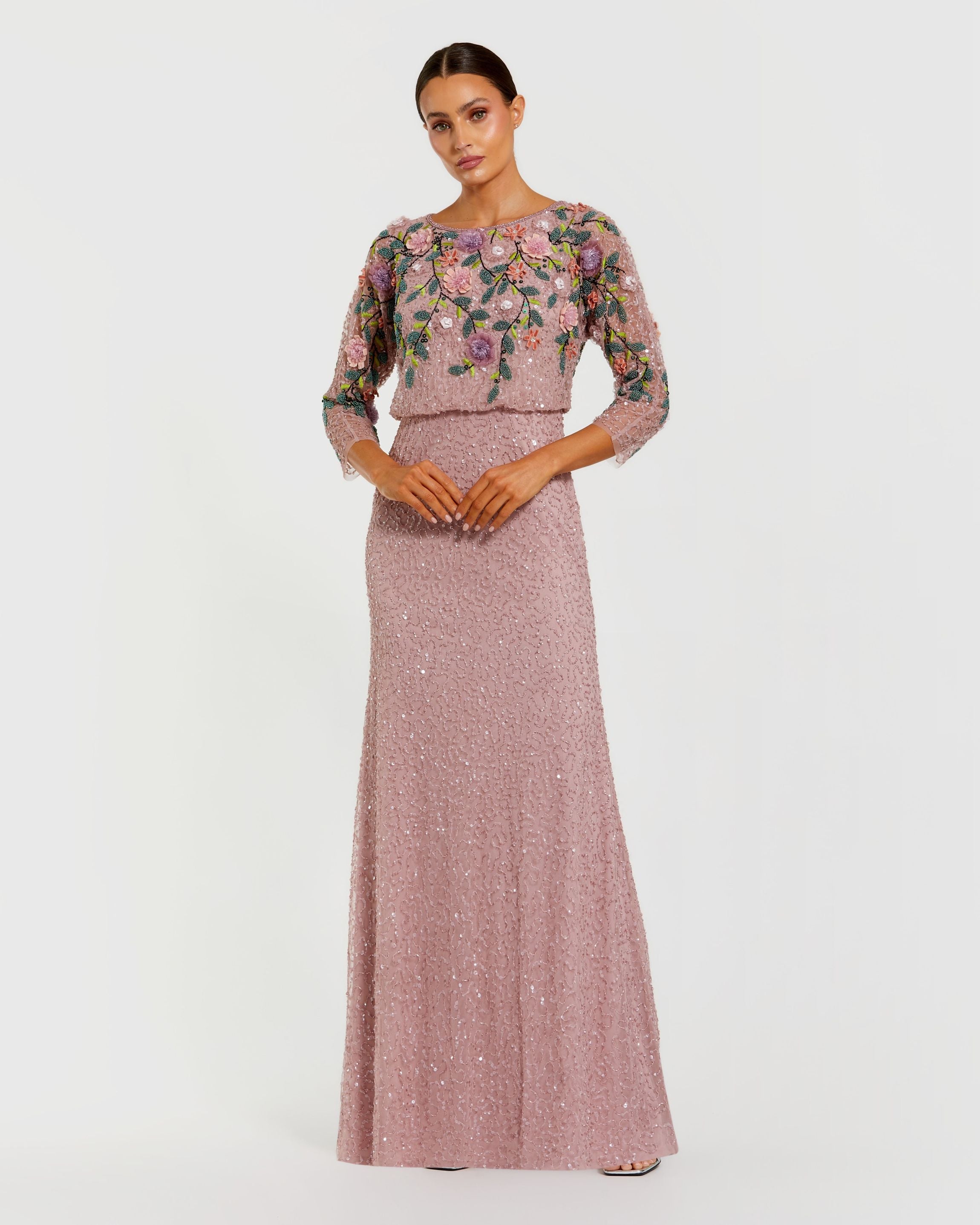 Purple Floral Embellished Long Sleeve Gown Mac Duggal