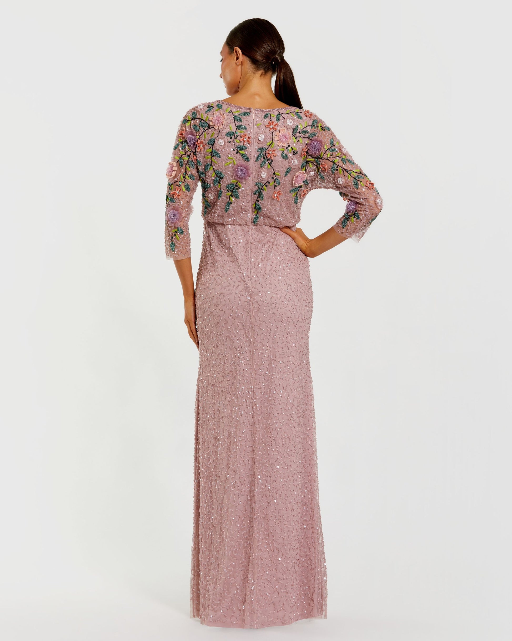 Purple Floral Embellished Long Sleeve Gown Mac Duggal