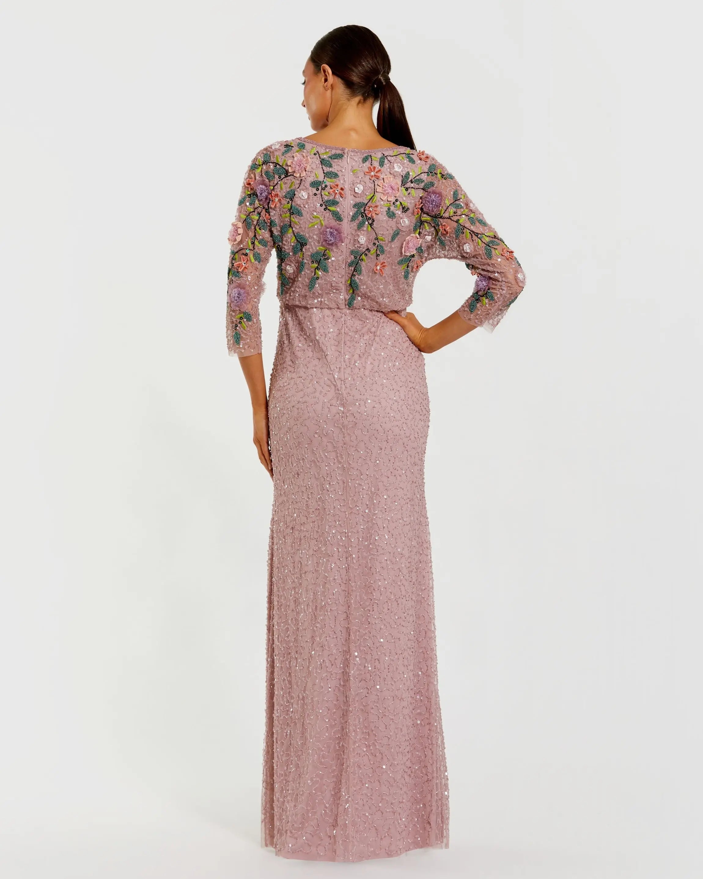 Purple Floral Embellished Long Sleeve Gown Mac Duggal