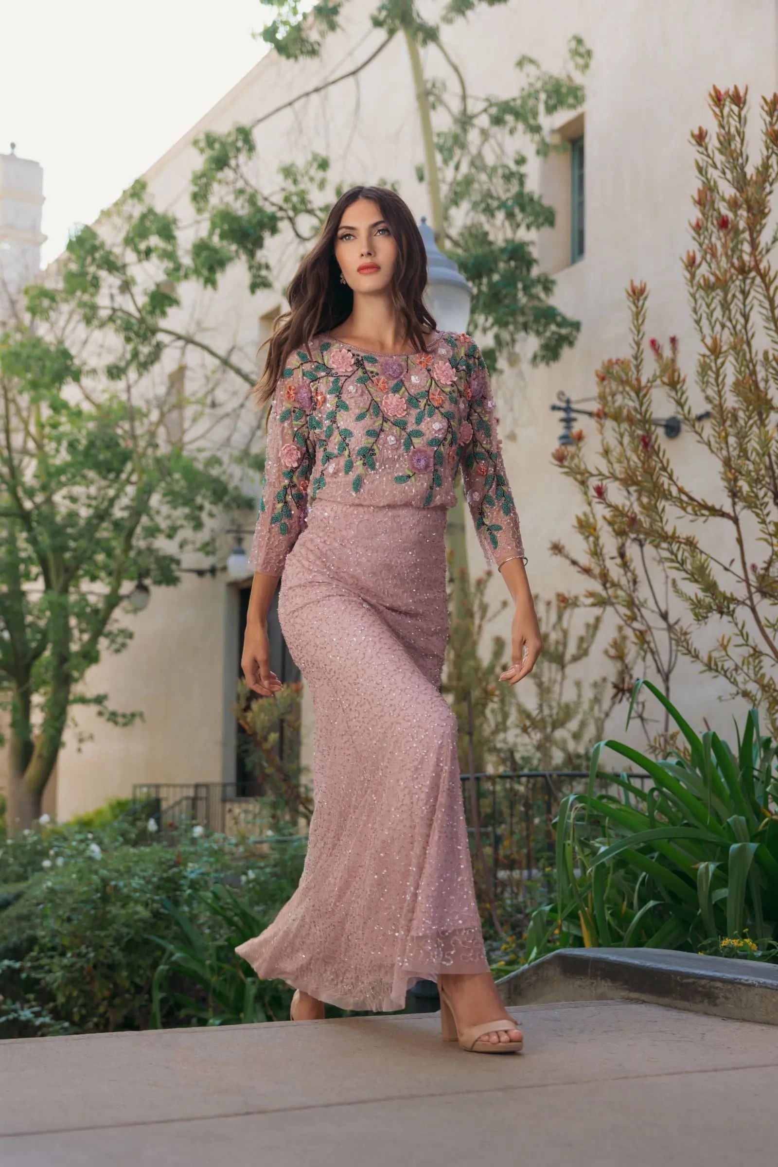 Purple Floral Embellished Long Sleeve Gown