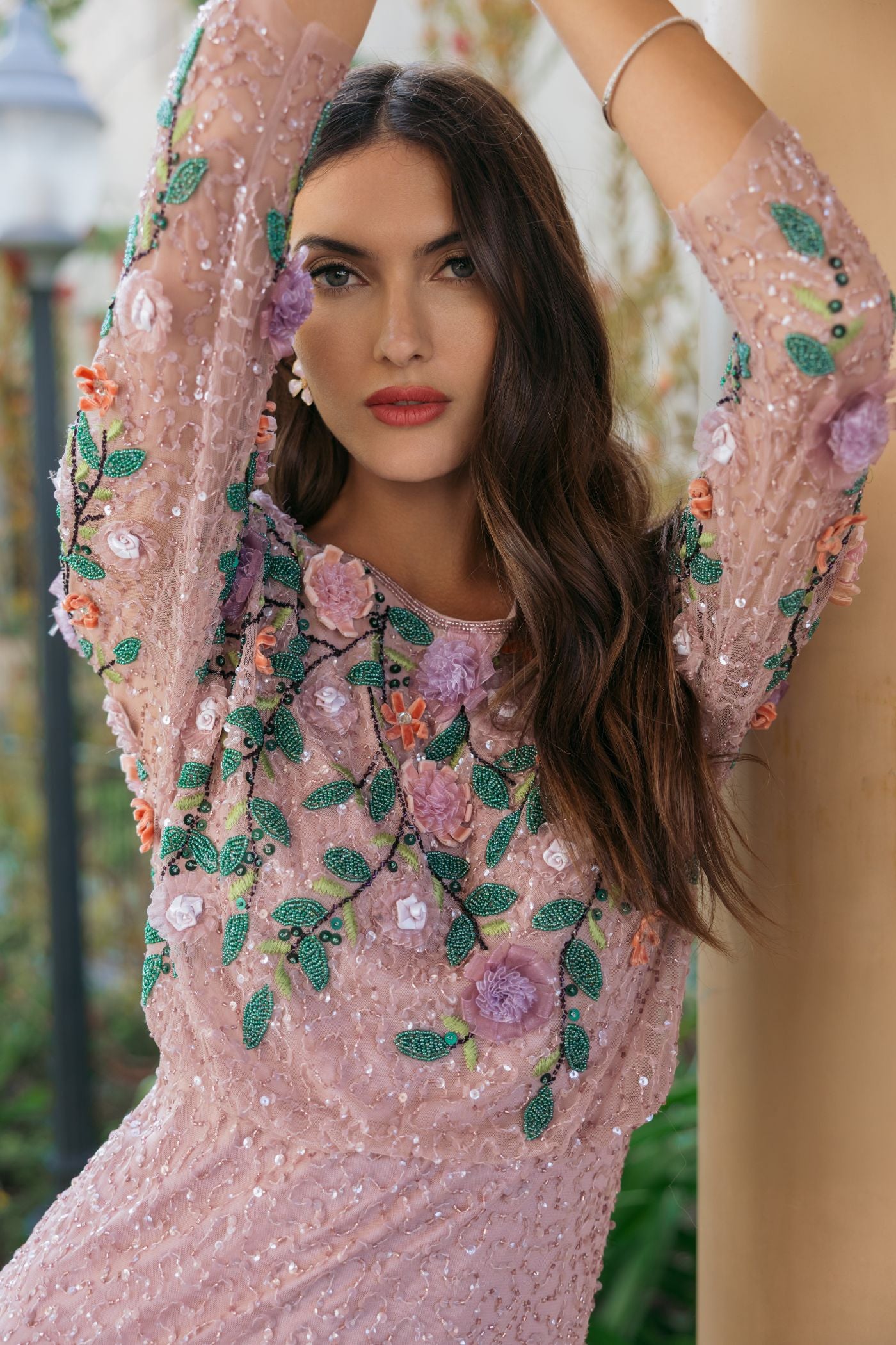 Purple Floral Embellished Long Sleeve Gown Mac Duggal