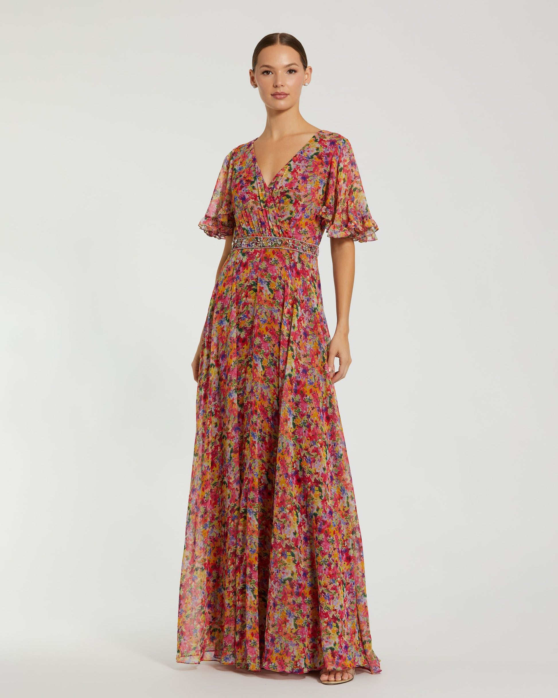 Floral Printed Chiffon Flutter Sleeve Gown