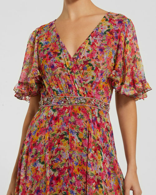 Floral Printed Chiffon Flutter Sleeve Gown