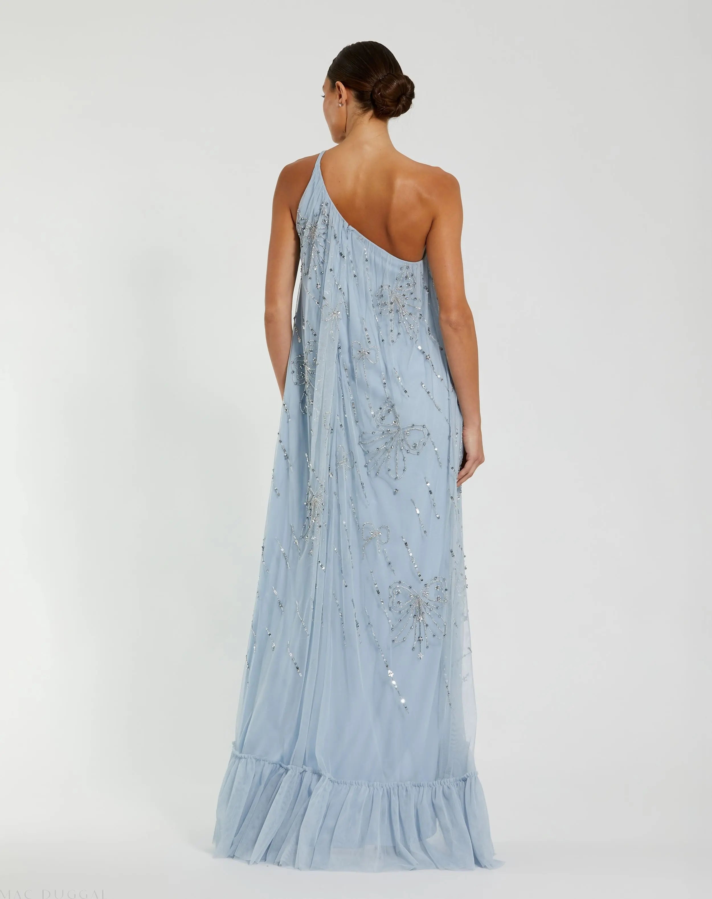 Blue Bow Embellished Mesh One Shoulder High Low Gown - Mac Duggal