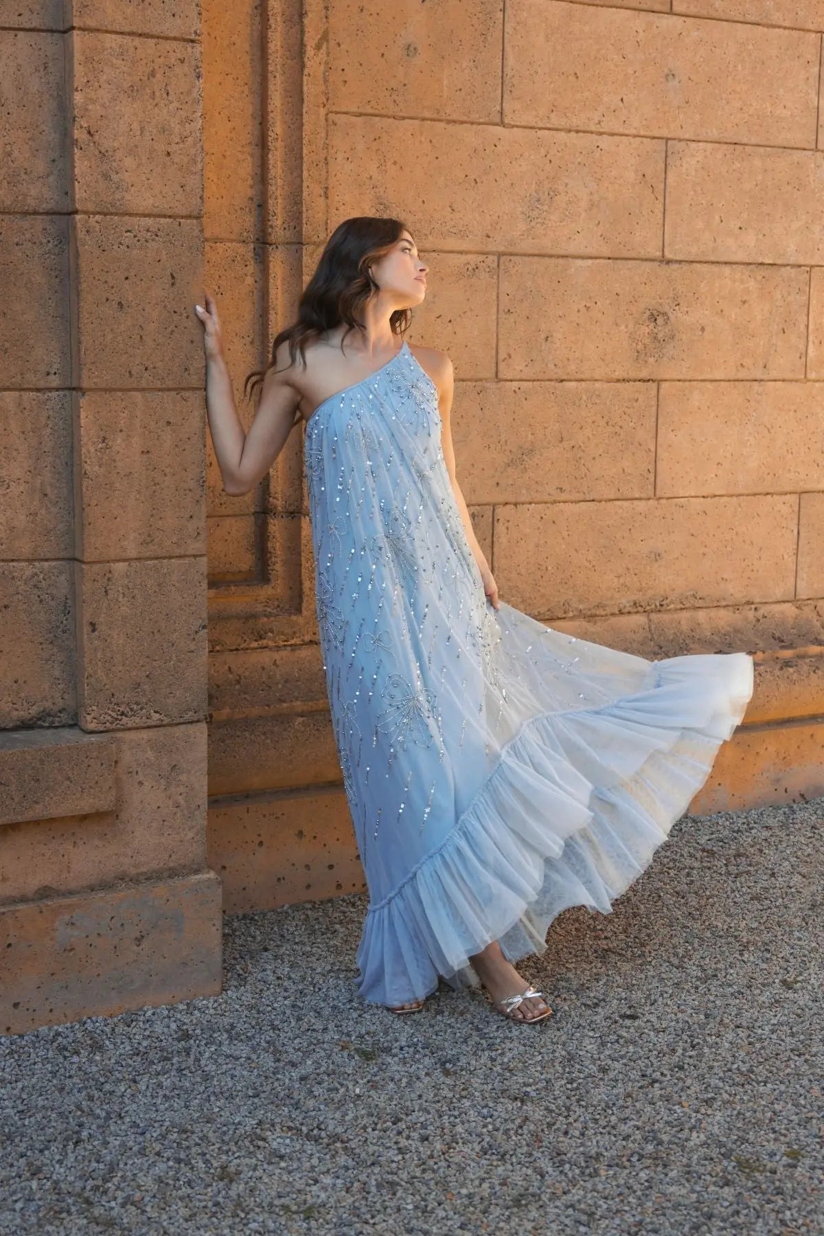 Blue Bow Embellished Mesh One Shoulder High Low Gown - Mac Duggal