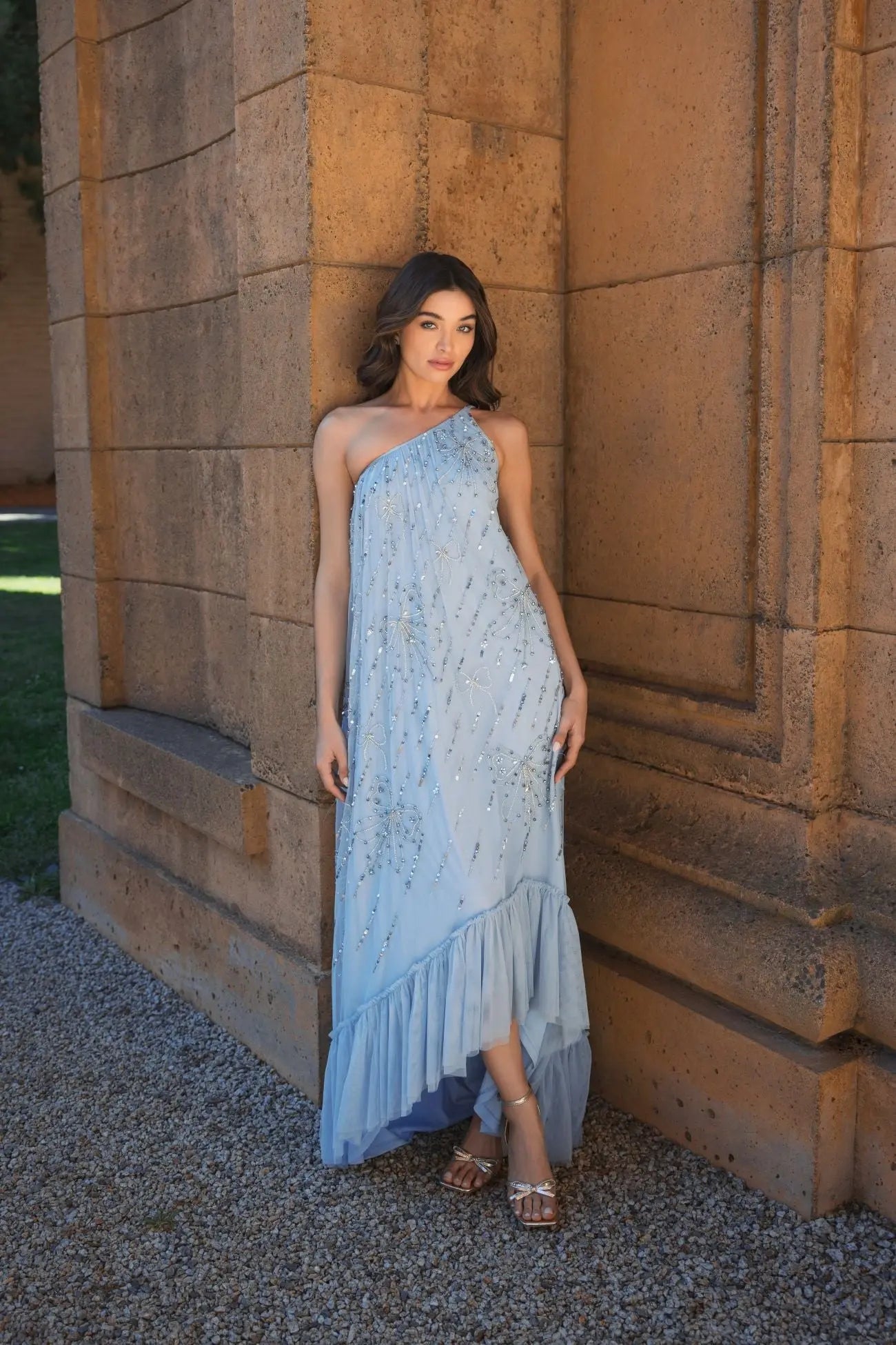 Blue Bow Embellished Mesh One Shoulder High Low Gown - Mac Duggal