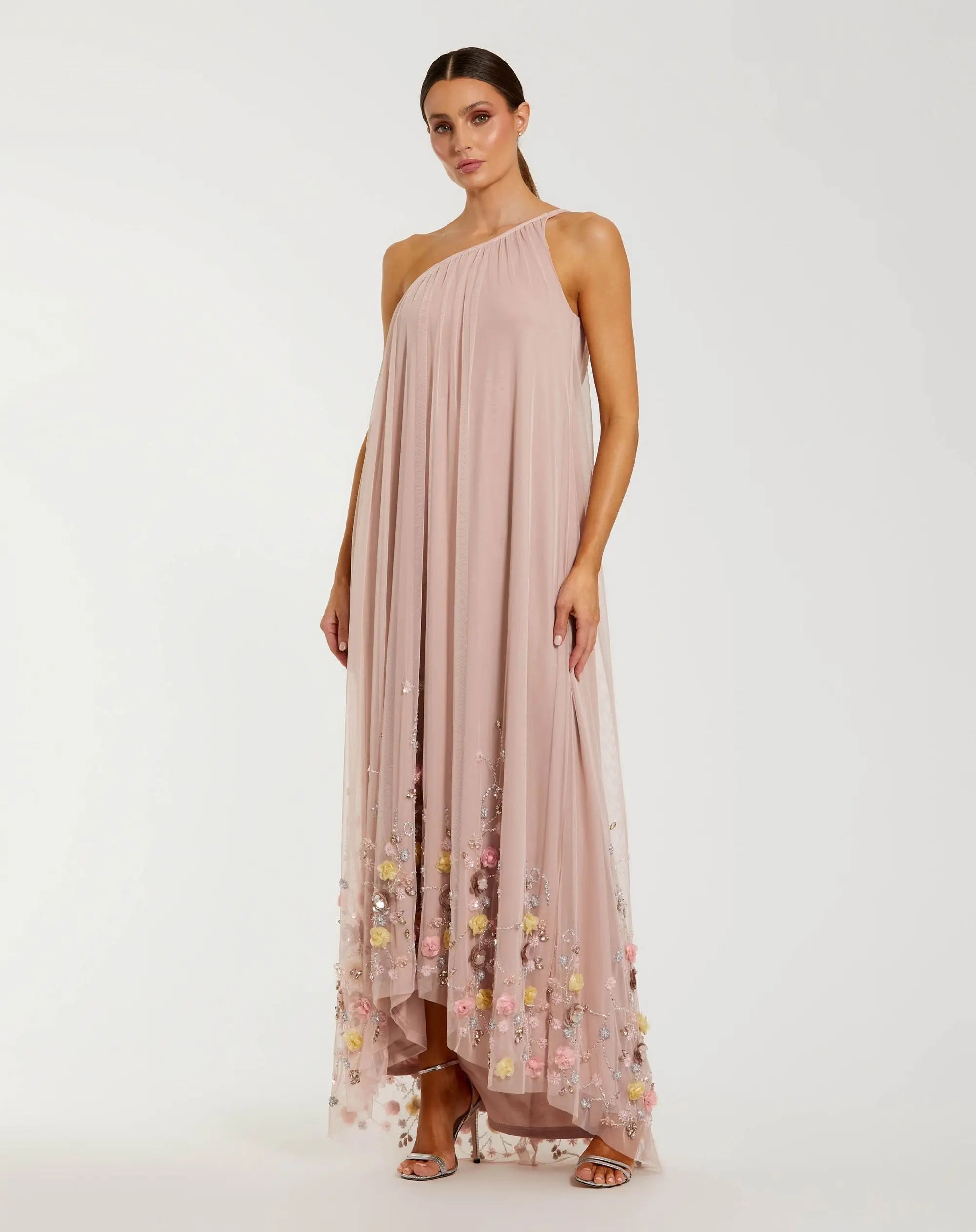 Pink One Shoulder High Low Embellished Trapeze Gown | Mac Duggal