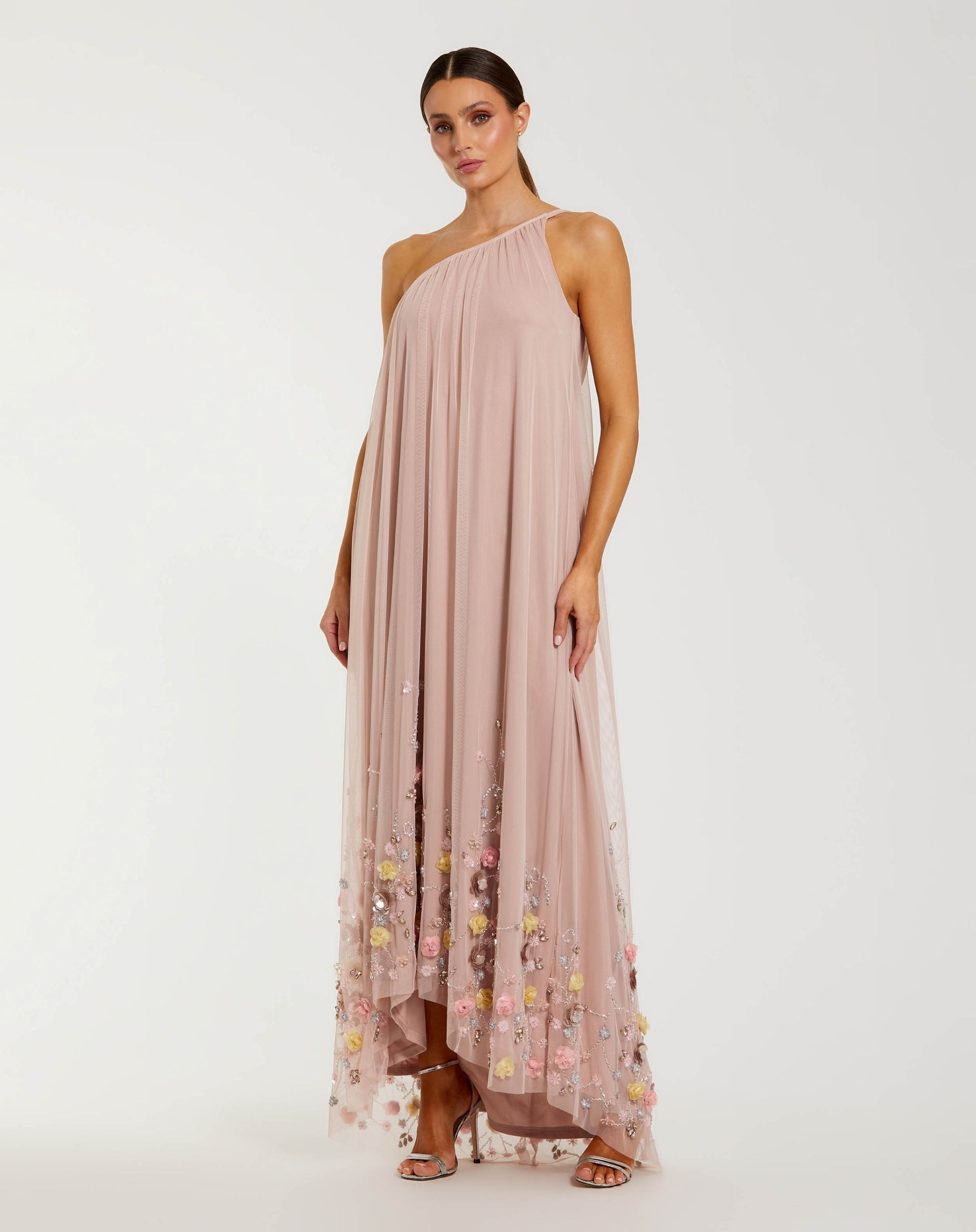 Pink One Shoulder High Low Embellished Trapeze Gown - Mac Duggal