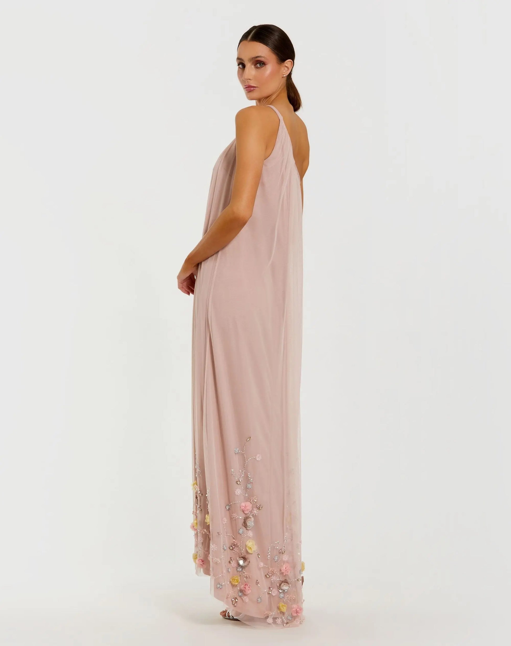 Pink One Shoulder High Low Embellished Trapeze Gown Pink One Shoulder High Low Embellished Trapeze Gown