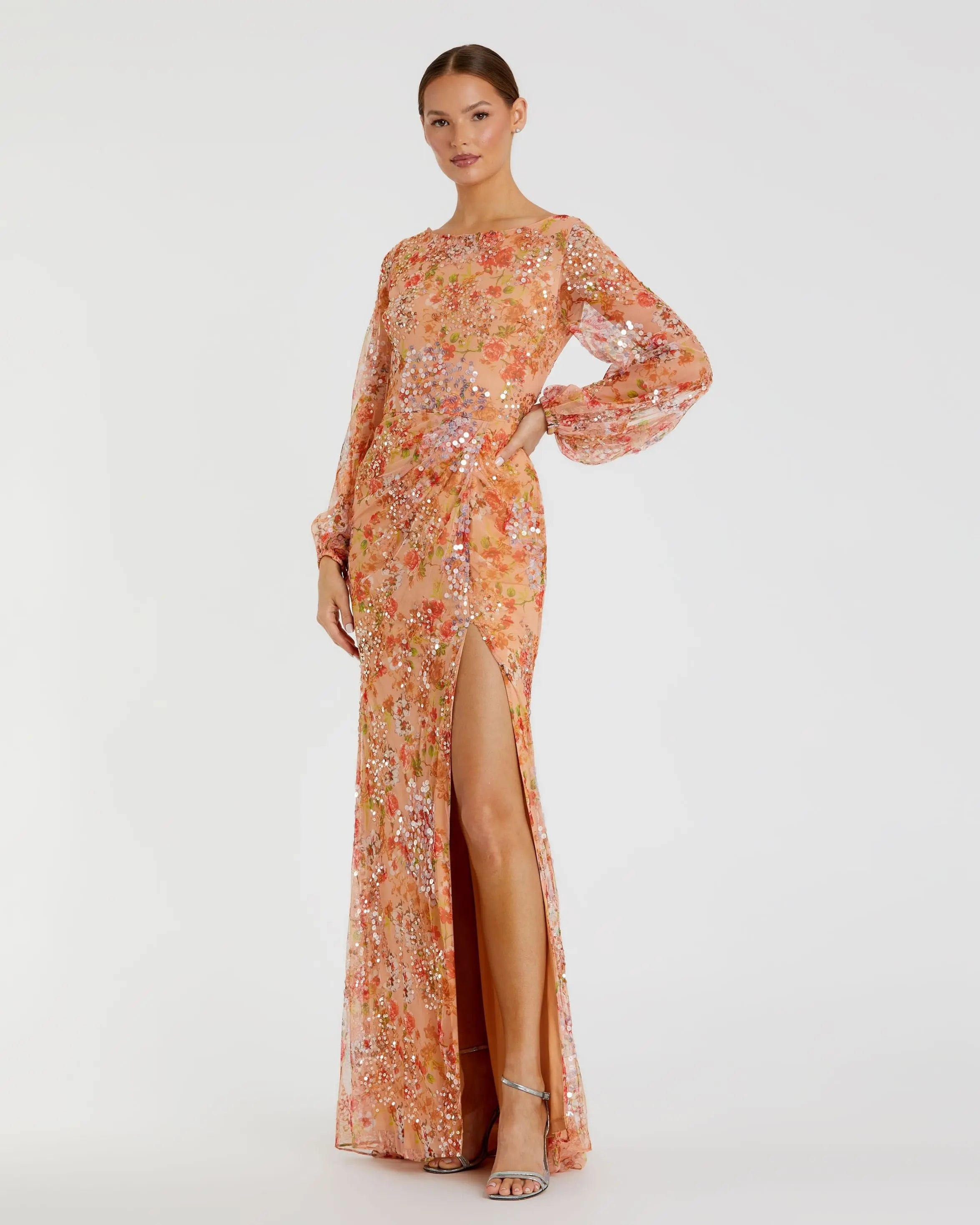 Orange Floral Print Sequined Puff Sleeve Gown - Mac Duggal 