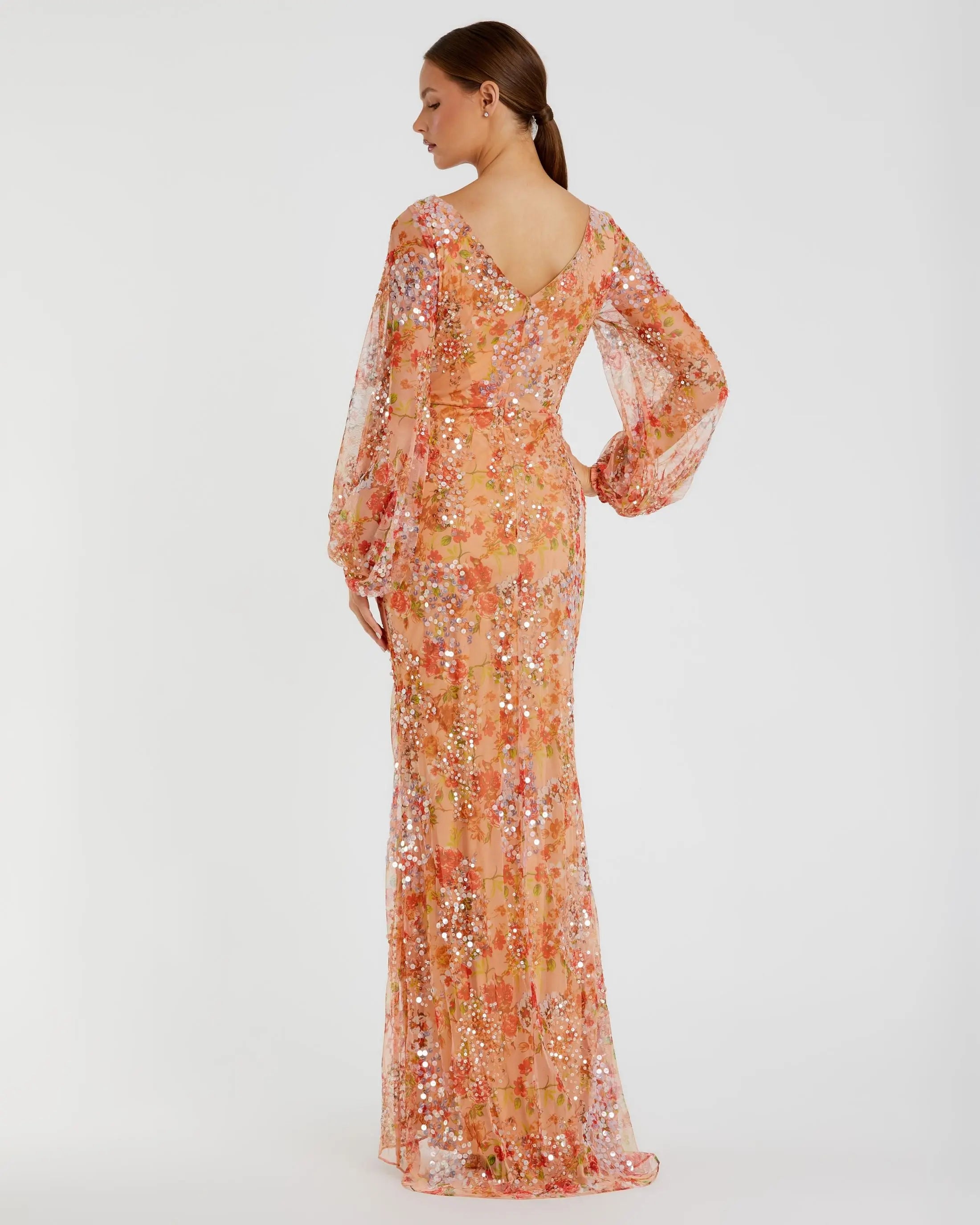 mac duggal orange dress Orange Floral Print Sequined Puff Sleeve Gown