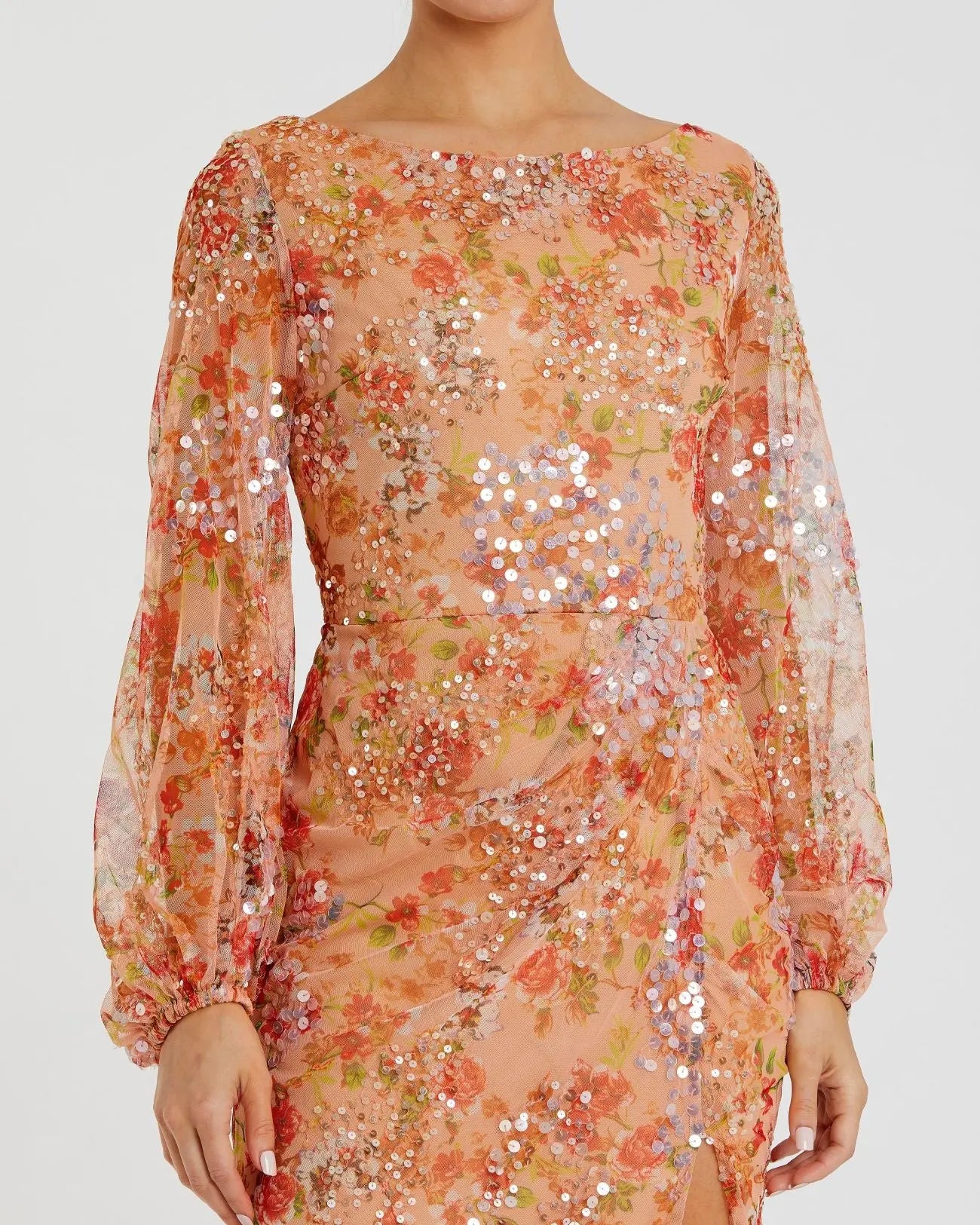 Orange Floral Print Sequined Puff Sleeve Gown - Mac Duggal Orange Floral Print Sequined Puff Sleeve Gown - Mac Duggal