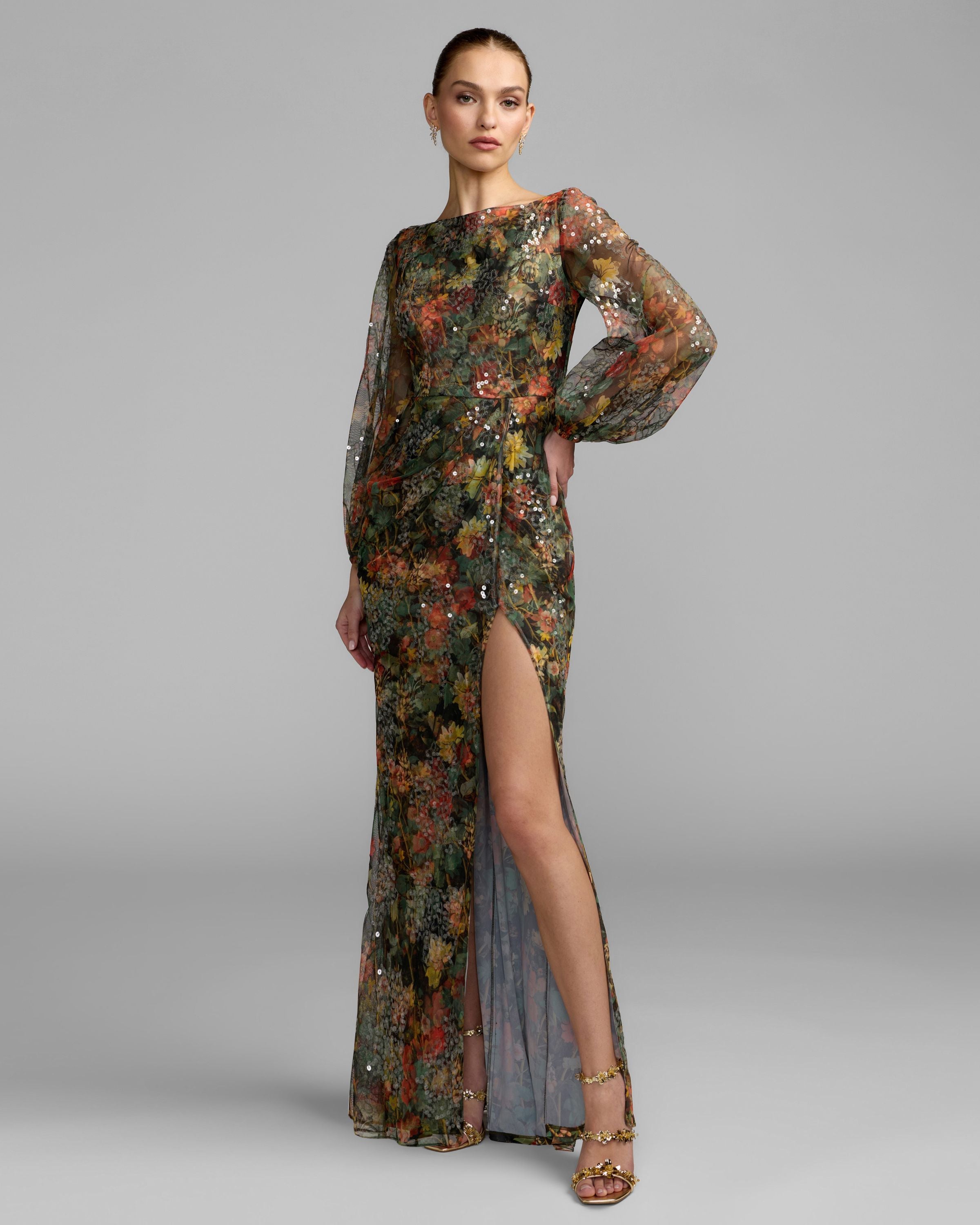 Black Multicolor Floral Sequined Puff Sleeve Gown Mac Duggal