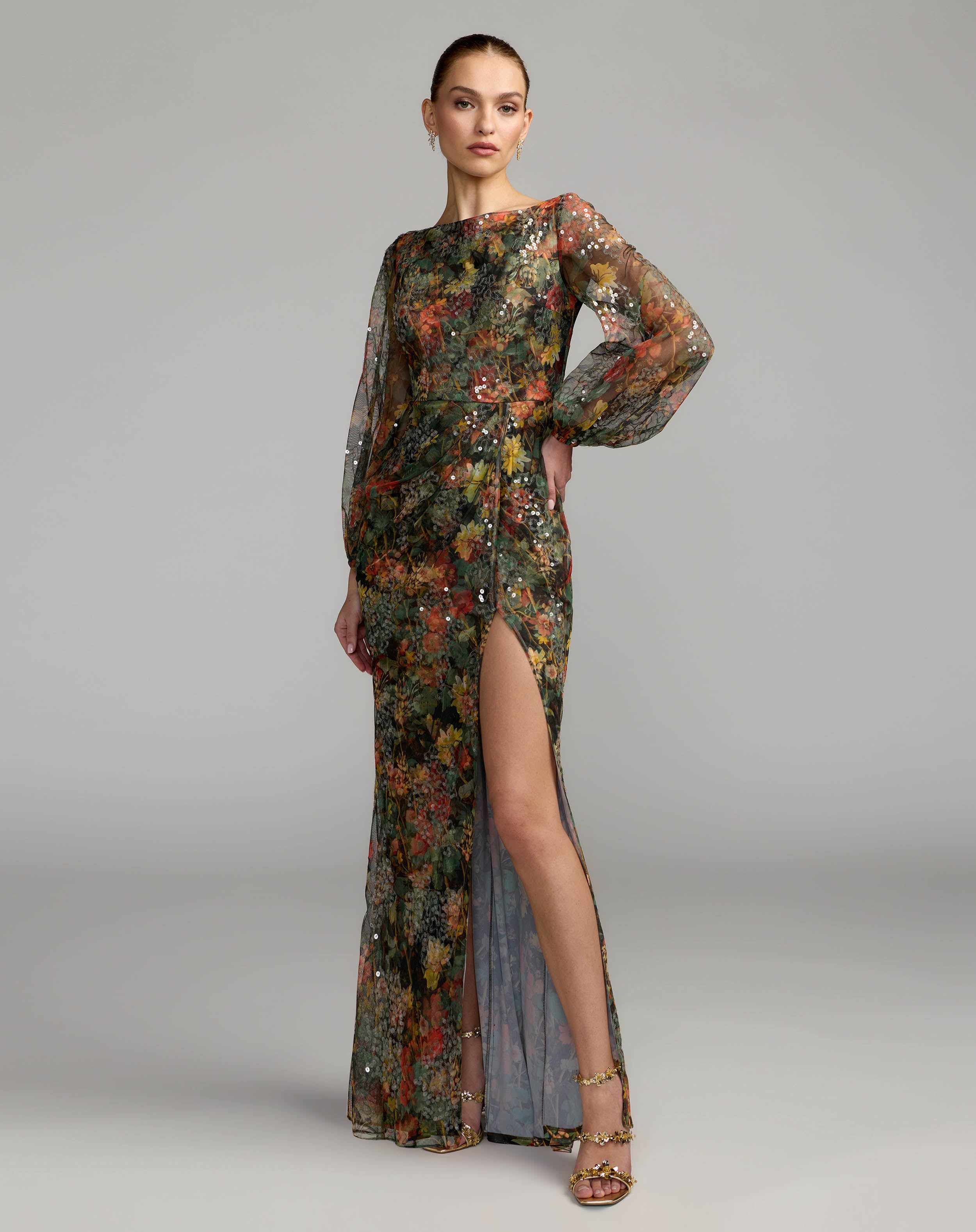 Black Multicolor Floral Sequined Puff Sleeve Gown Mac Duggal
