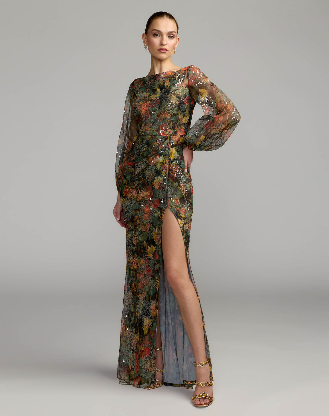 Black Multicolor Floral Sequined Puff Sleeve Gown Mac Duggal