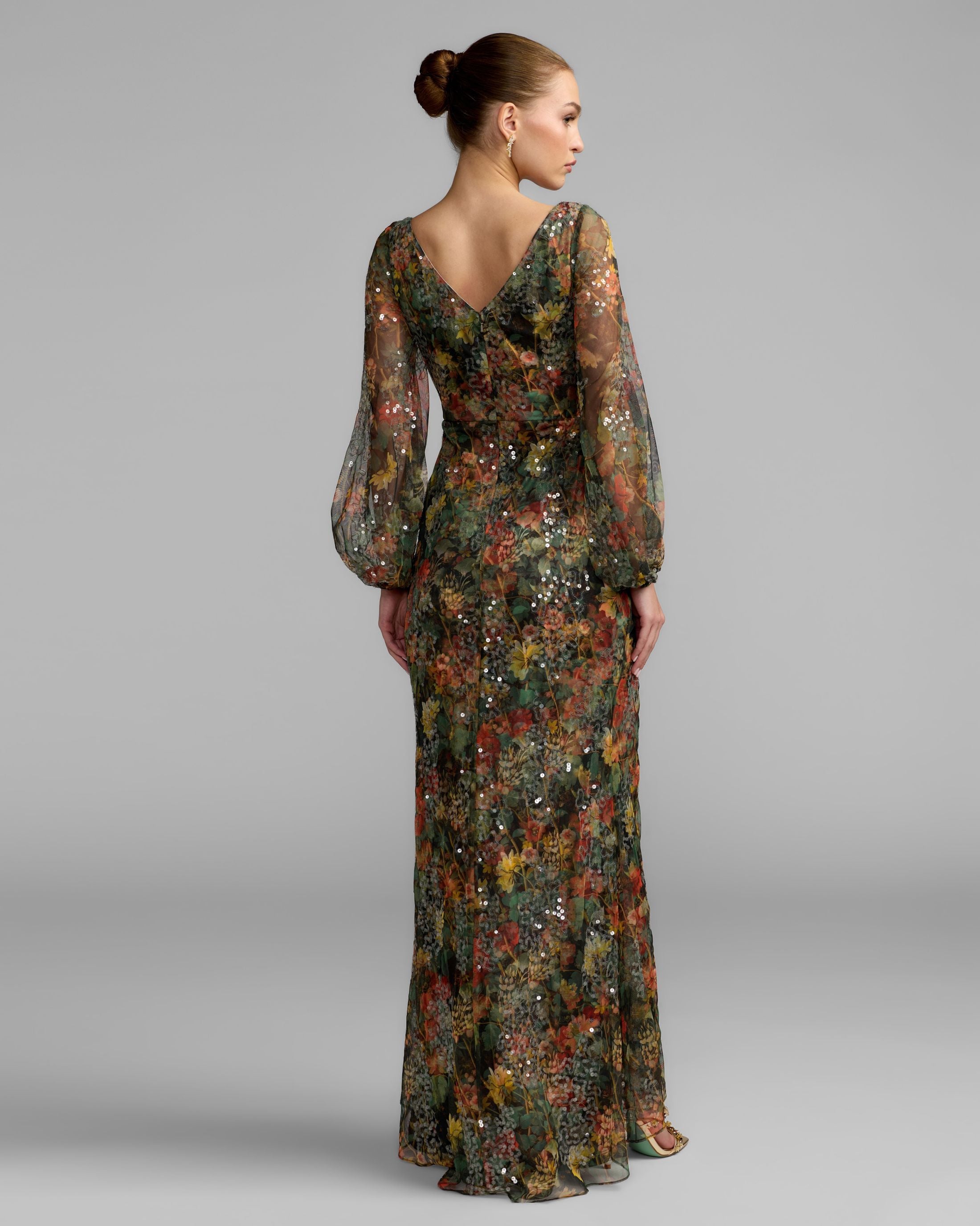 Black Multicolor Floral Sequined Puff Sleeve Gown Mac Duggal
