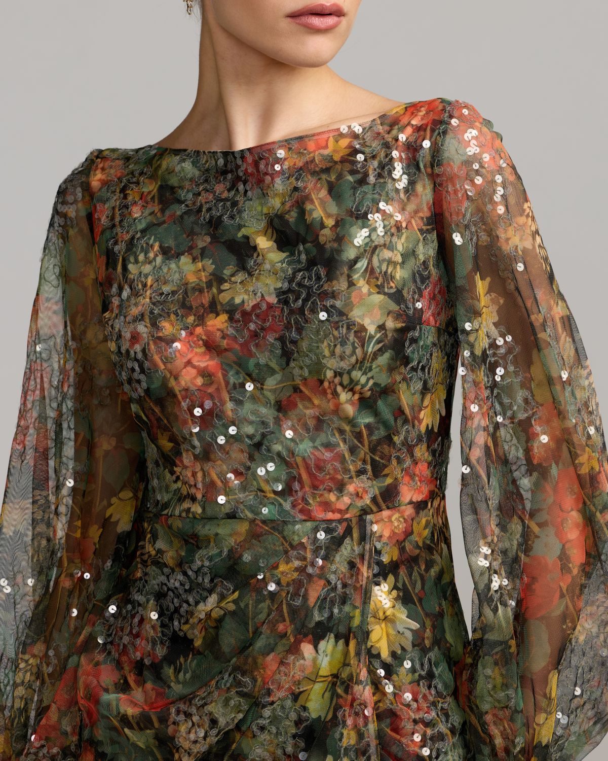 Black Multicolor Floral Sequined Puff Sleeve Gown Mac Duggal