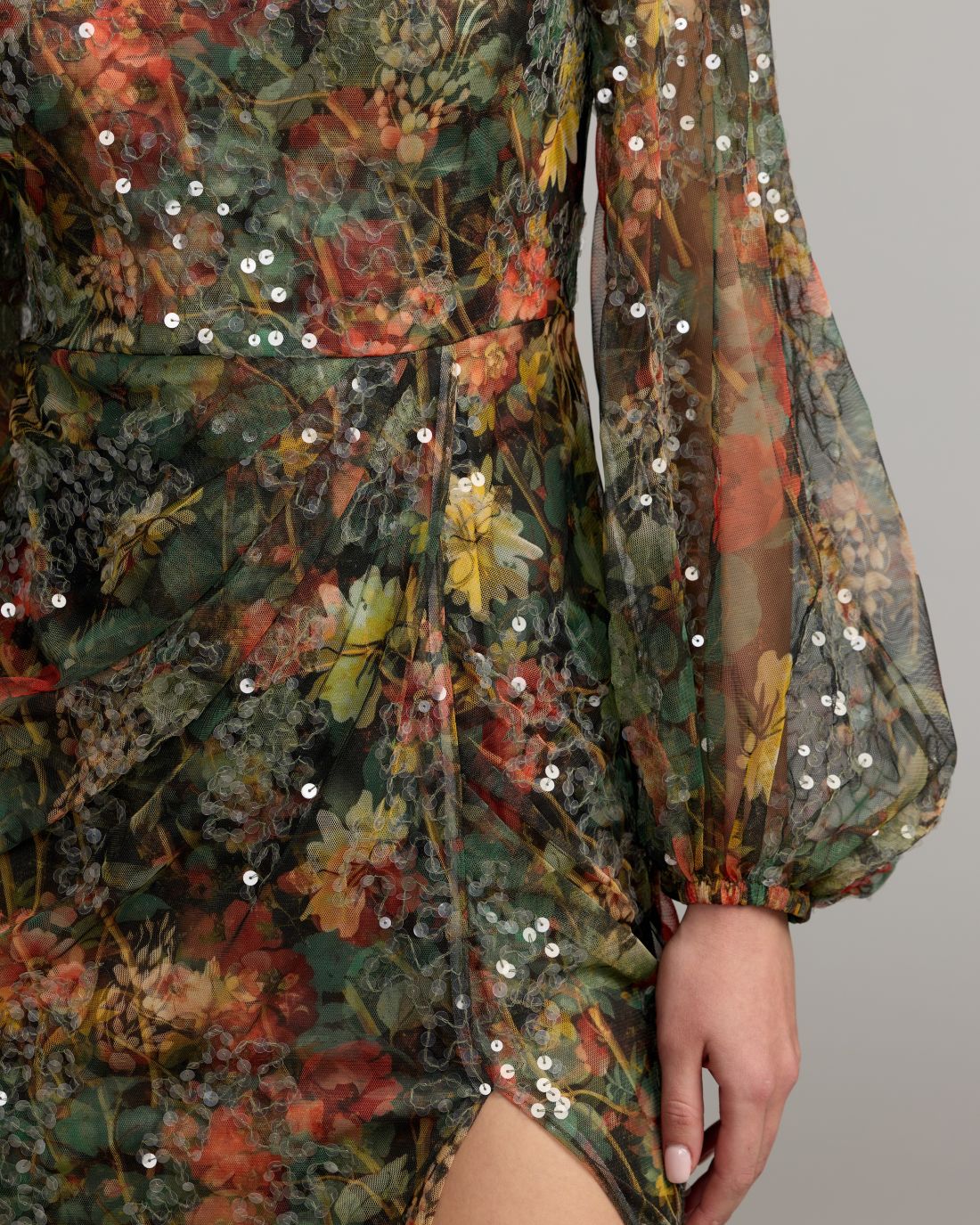 Black Multicolor Floral Sequined Puff Sleeve Gown Mac Duggal