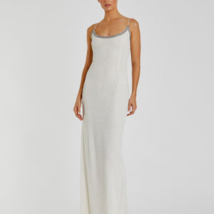 Beaded Spaghetti Strap Column Gown