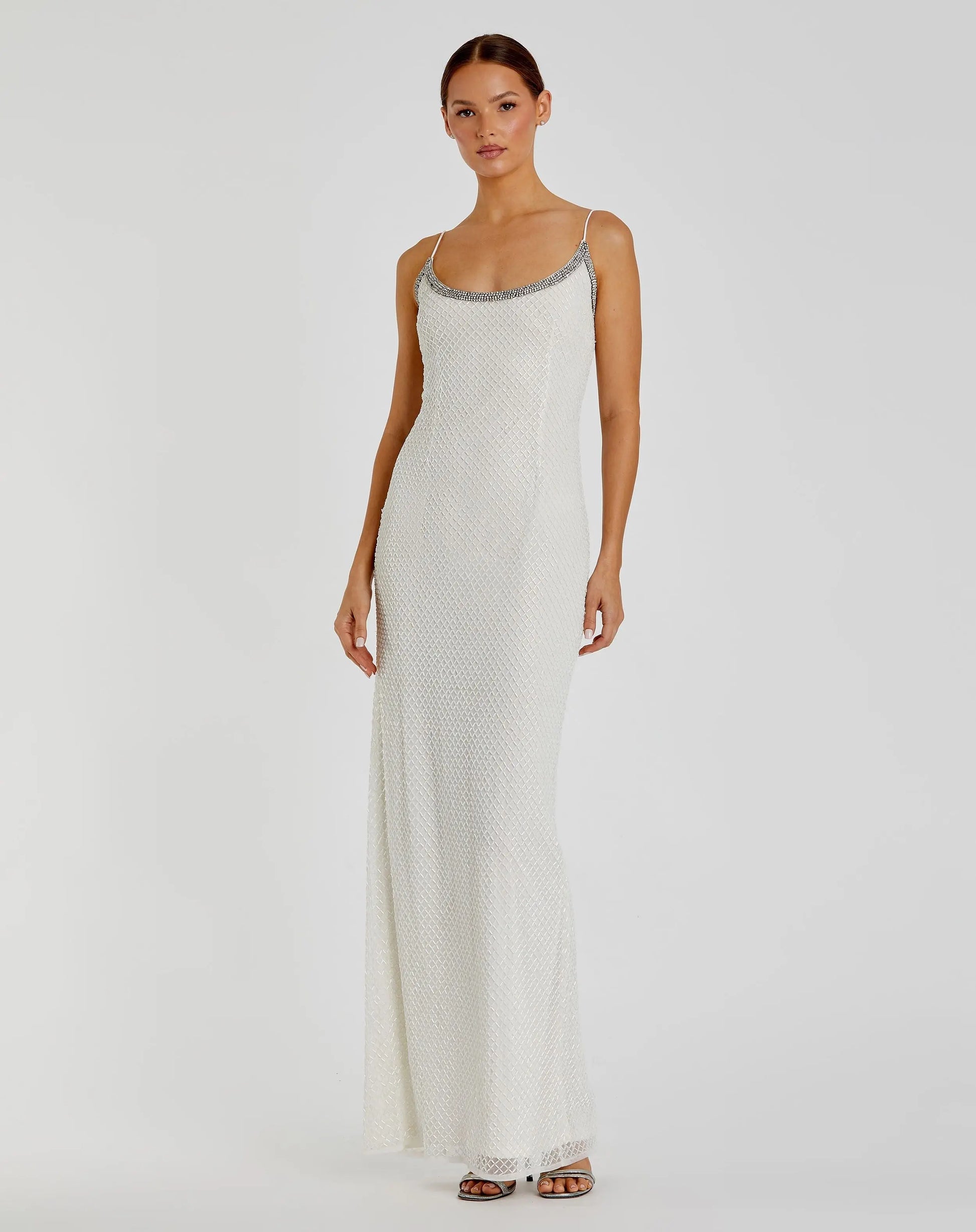 Mac Duggal - White Beaded Spaghetti Strap Column Gown - US 14 Mac Duggal - White Beaded Spaghetti Strap Column Gown - US 14