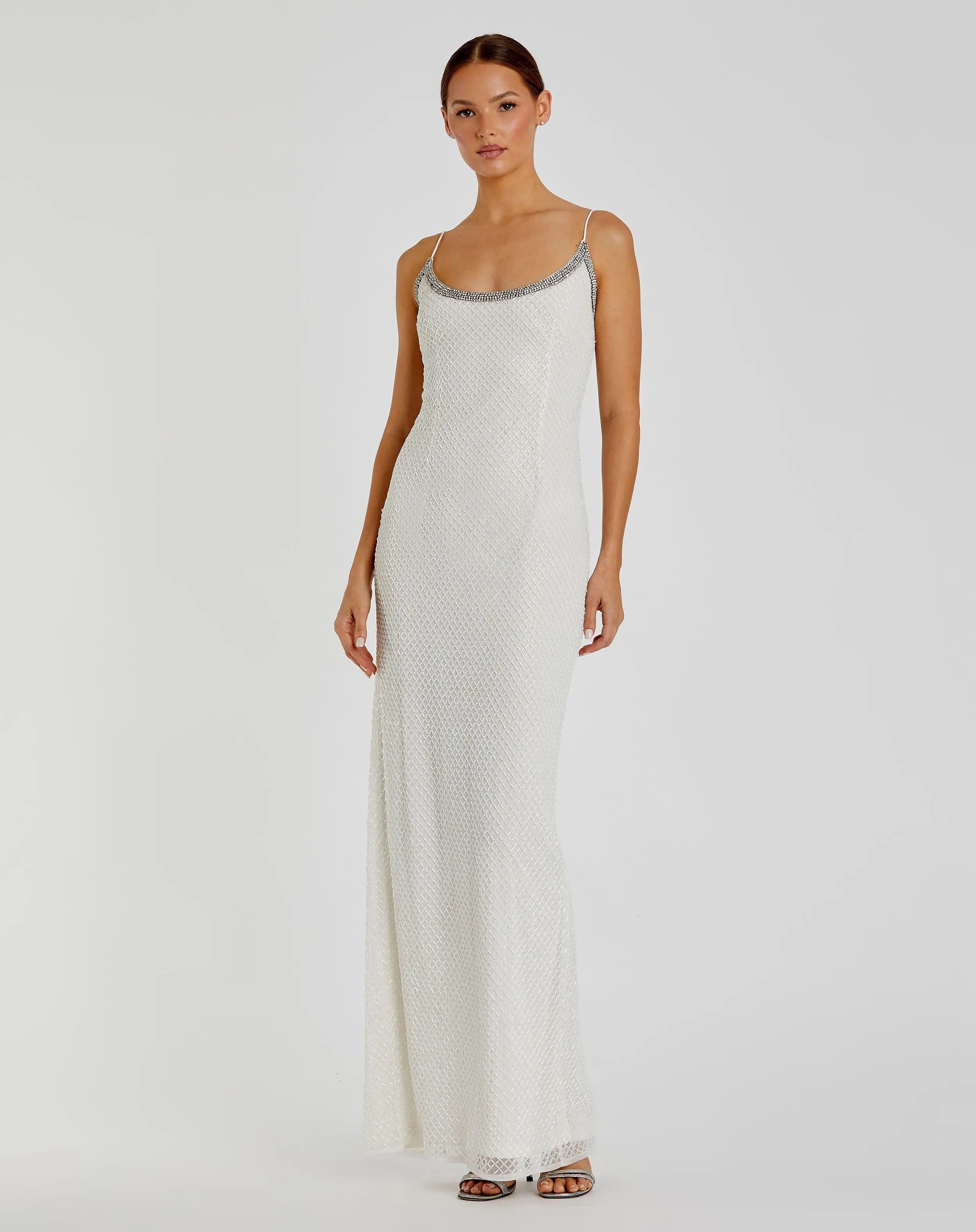 White Beaded Spaghetti Strap Column Gown - Mac Duggal