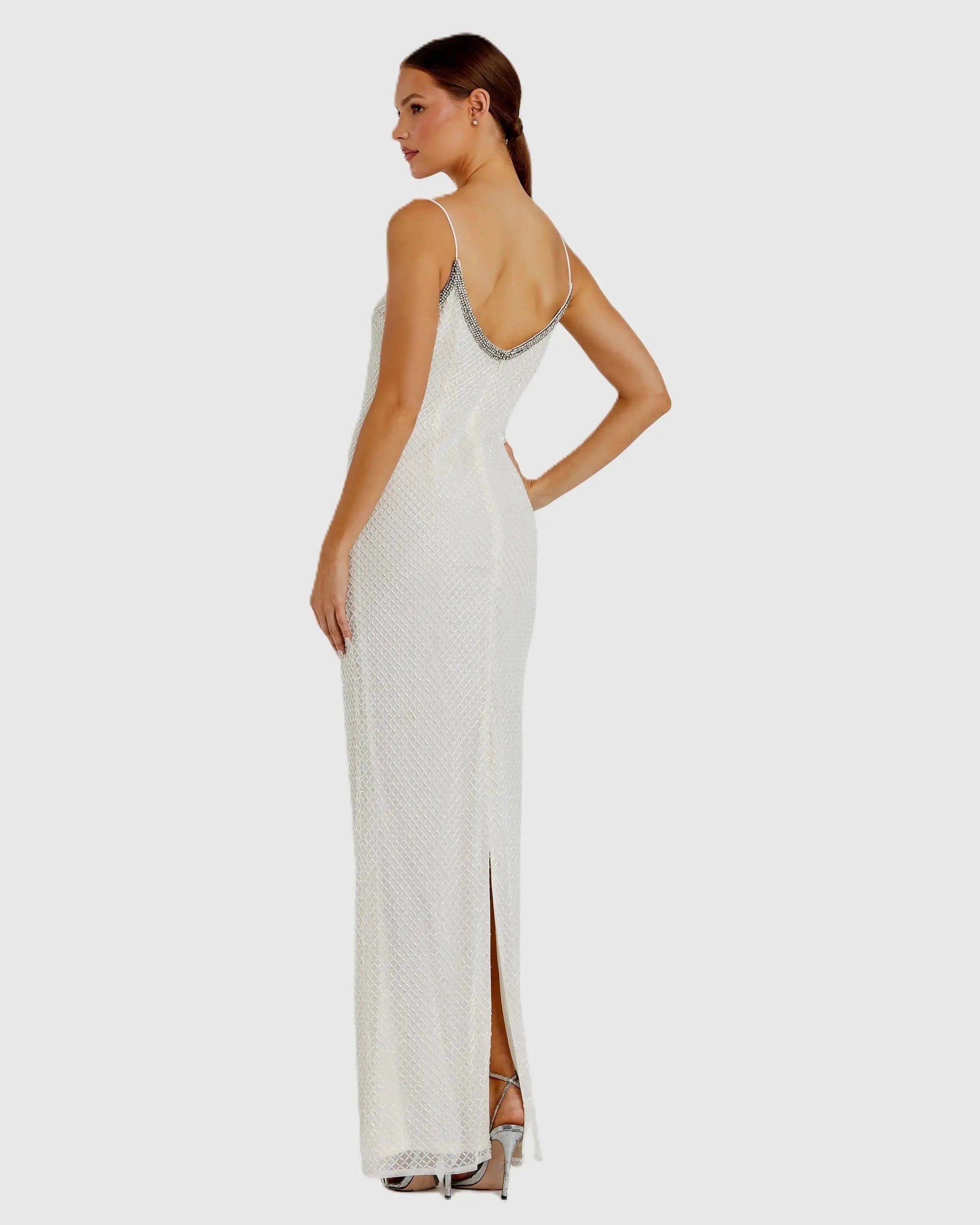 Mac Duggal - White Beaded Spaghetti Strap Column Gown - US 14 Mac Duggal - White Beaded Spaghetti Strap Column Gown - US 14