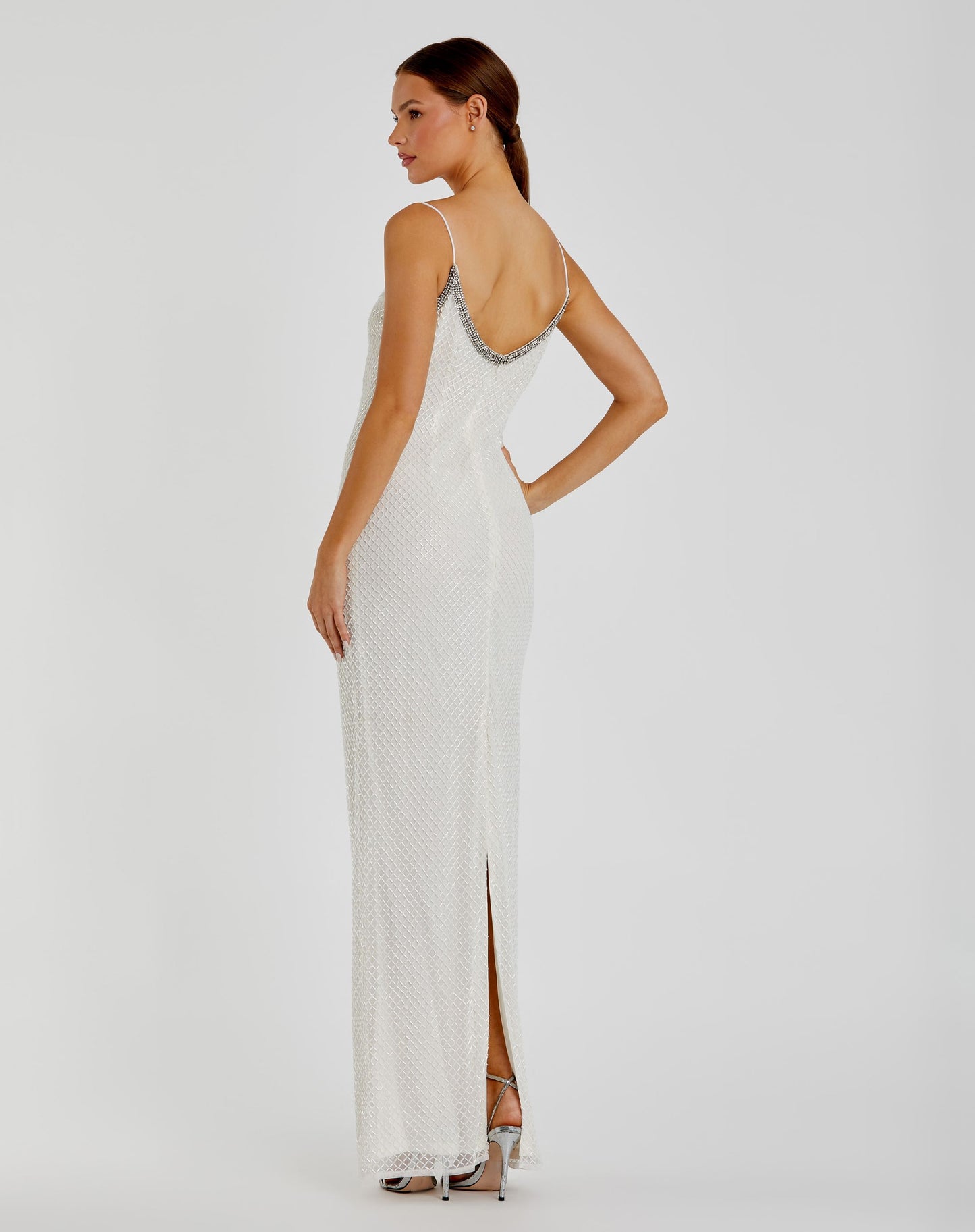 Beaded Spaghetti Strap Column Gown