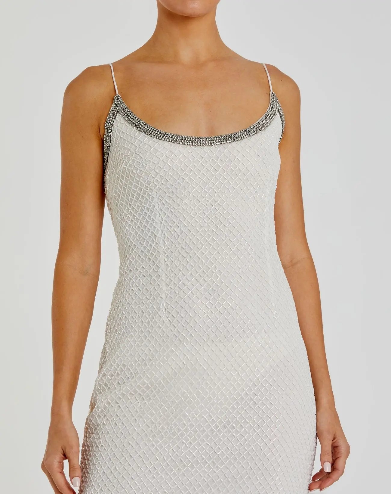mac duggal white beaded dress Ivory Strapless Beaded Bow Back Midi Dress