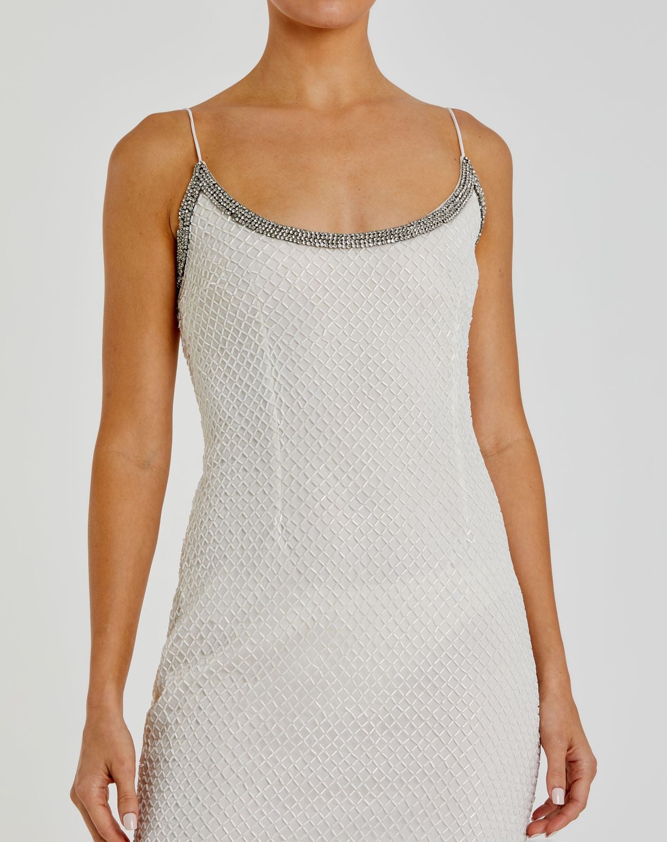 White Beaded Spaghetti Strap Column Gown - Mac Duggal