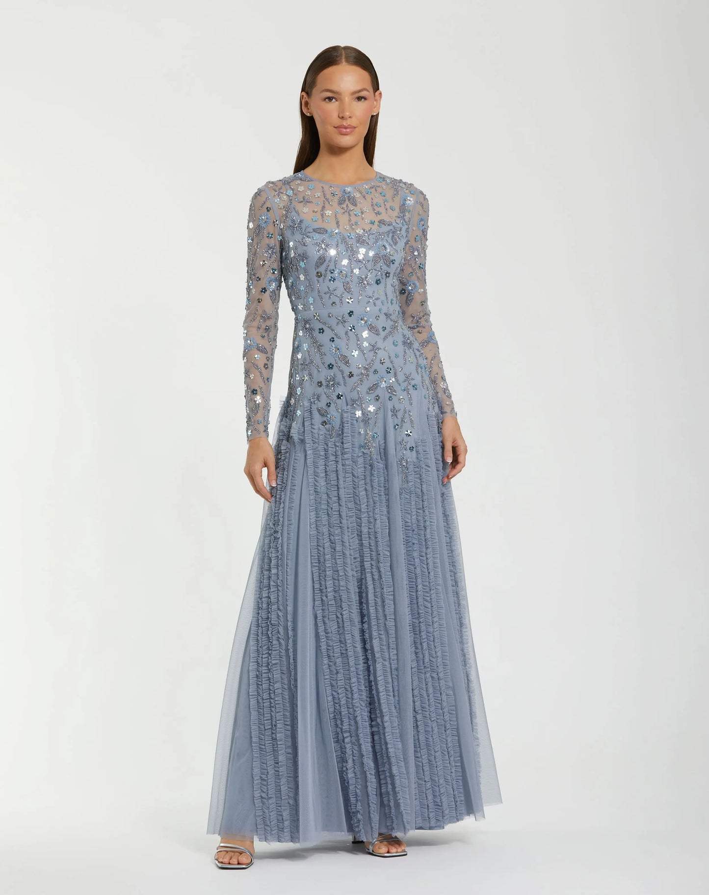 Blue Embellished Long Sleeve Drop Waist Gown Mac Duggal