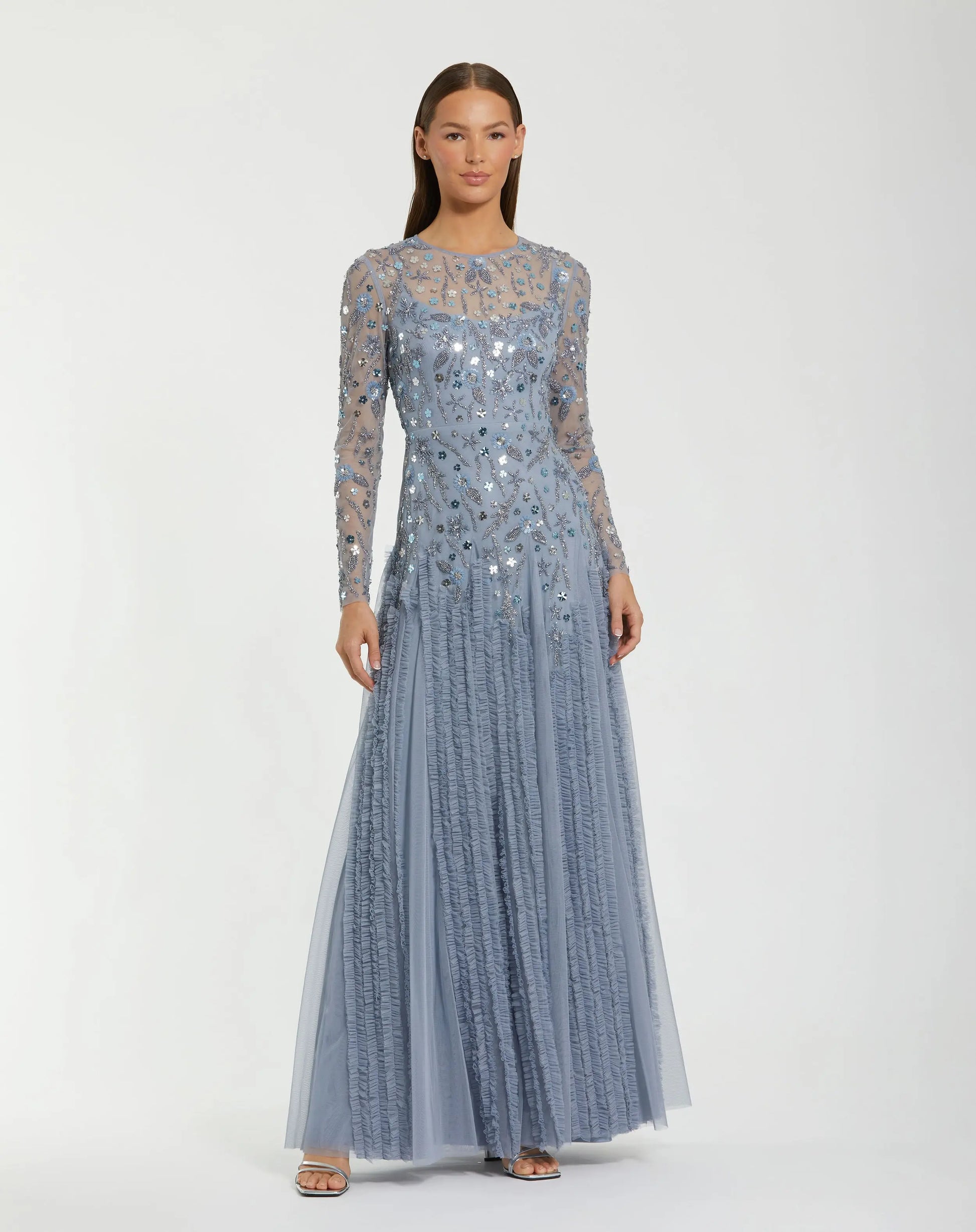 Blue Embellished Long Sleeve Drop Waist Gown Mac Duggal
