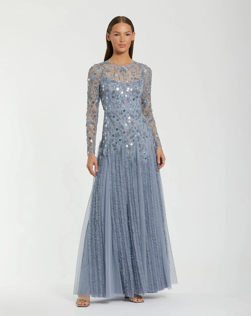 Blue Embellished Long Sleeve Drop Waist Gown Mac Duggal