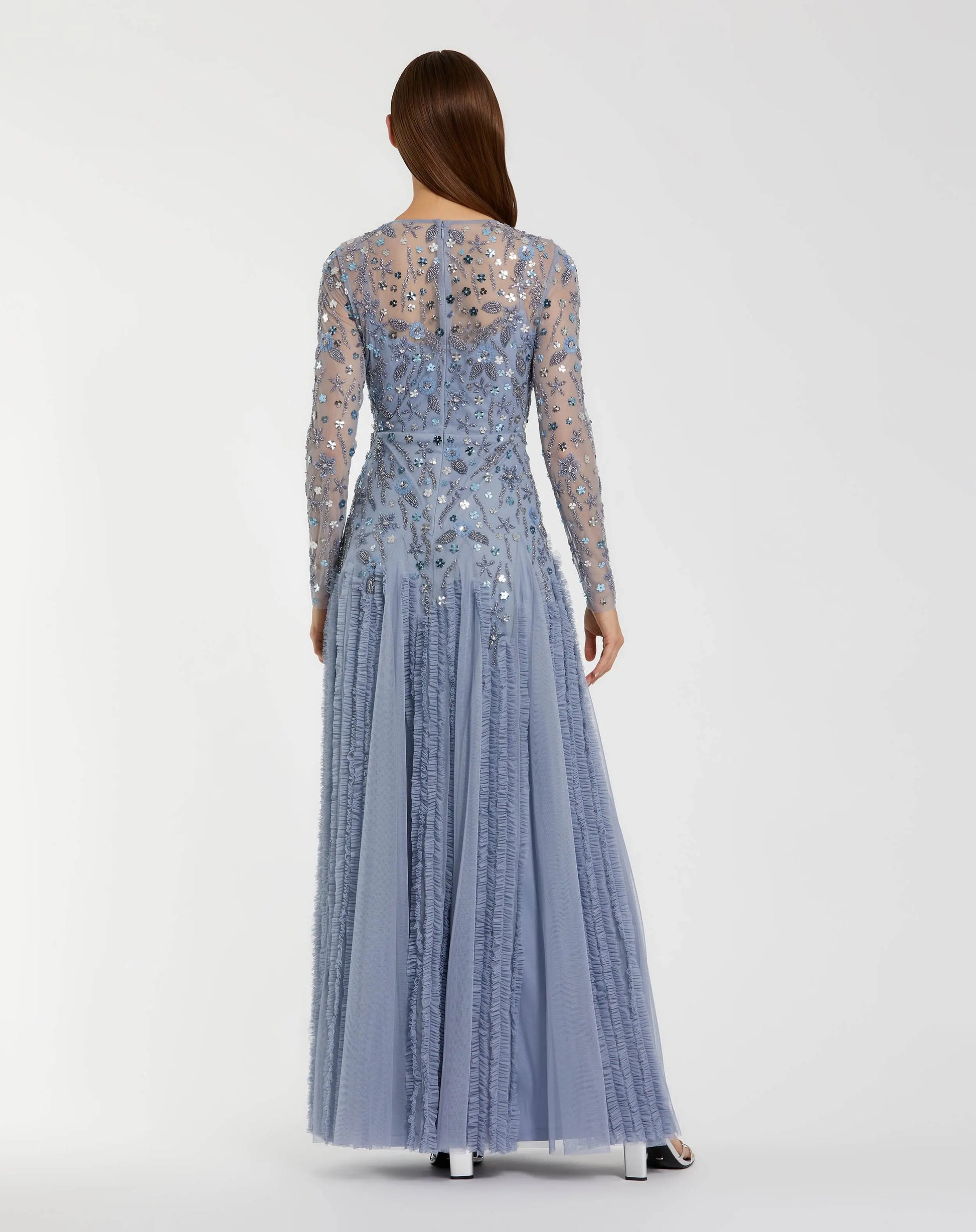 Blue Embellished Long Sleeve Drop Waist Gown Mac Duggal