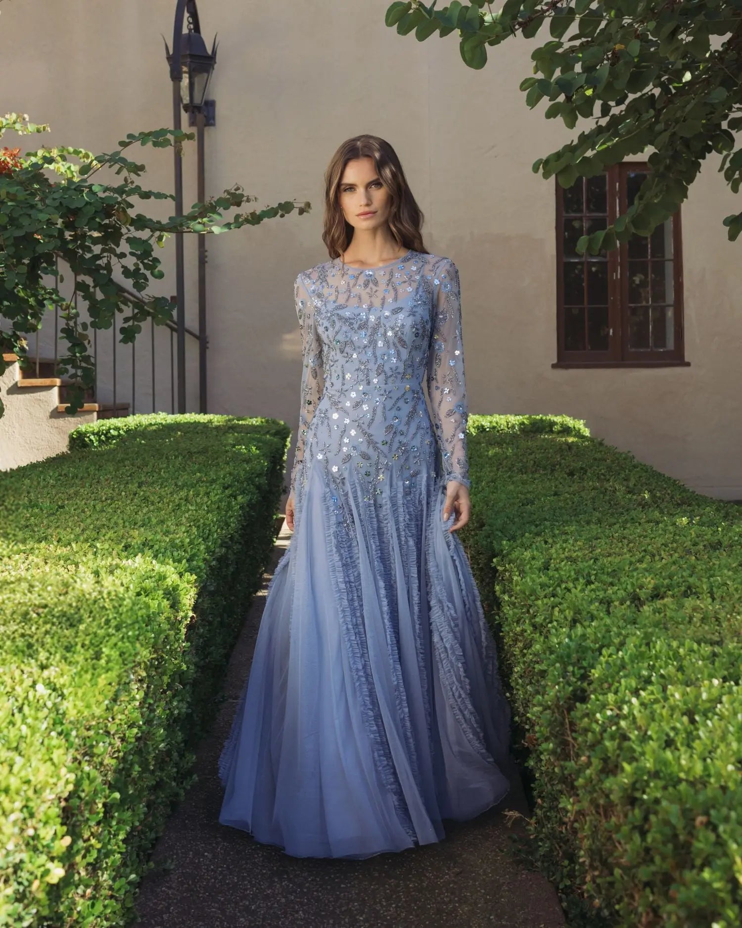 Blue Embellished Long Sleeve Drop Waist Gown Mac Duggal