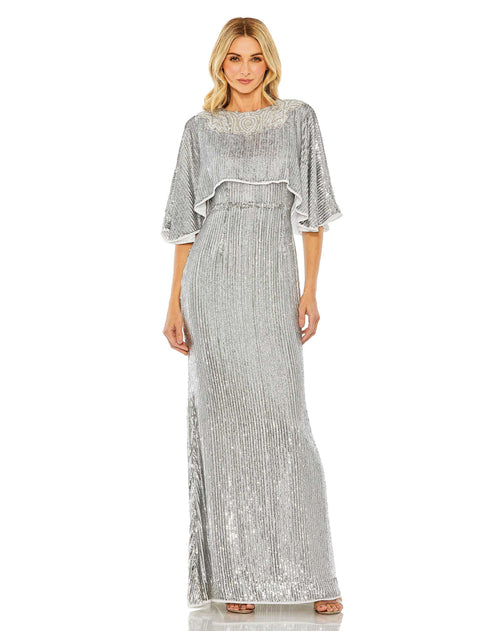 Sequined Beaded Neckline Cape Sleeve Gown | Sample | Sz. 4