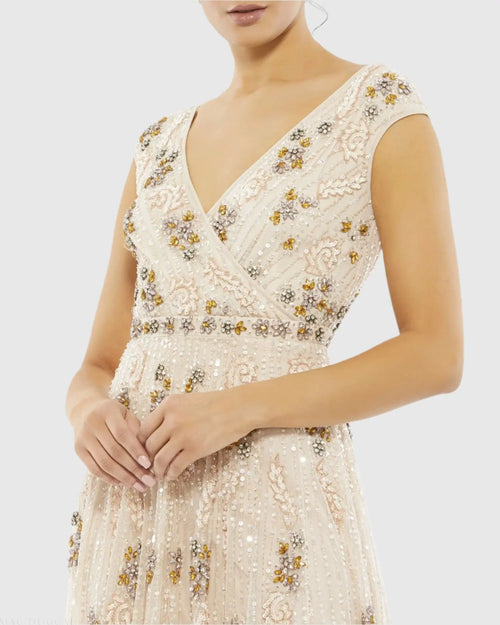 Pink Embellished Wrap Over Cap Sleeve A-Line Gown - Mac Duggal