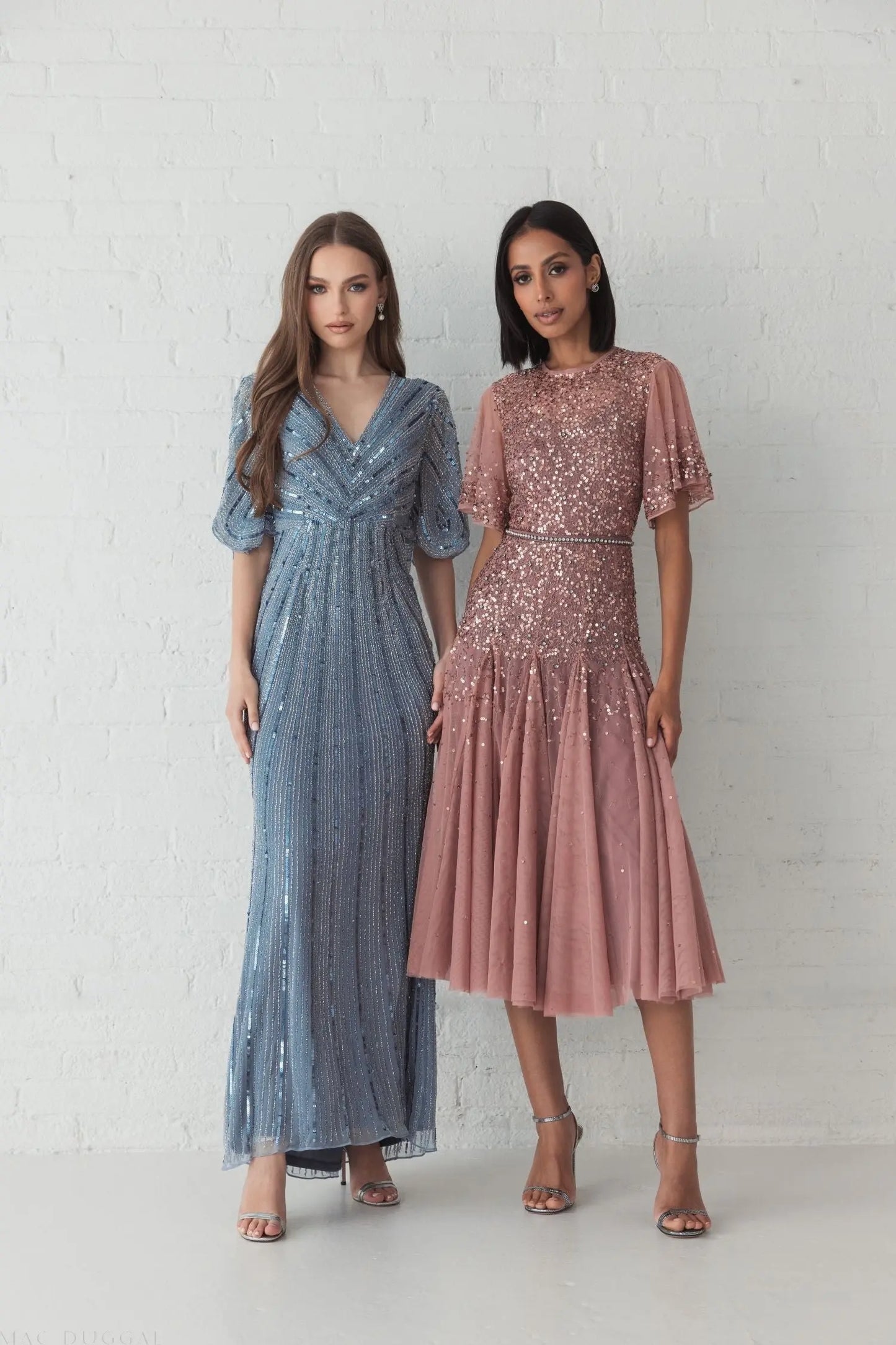 Pink Cape Sleeve Beaded Tea Length Drop Waist Dress - Mac Duggal