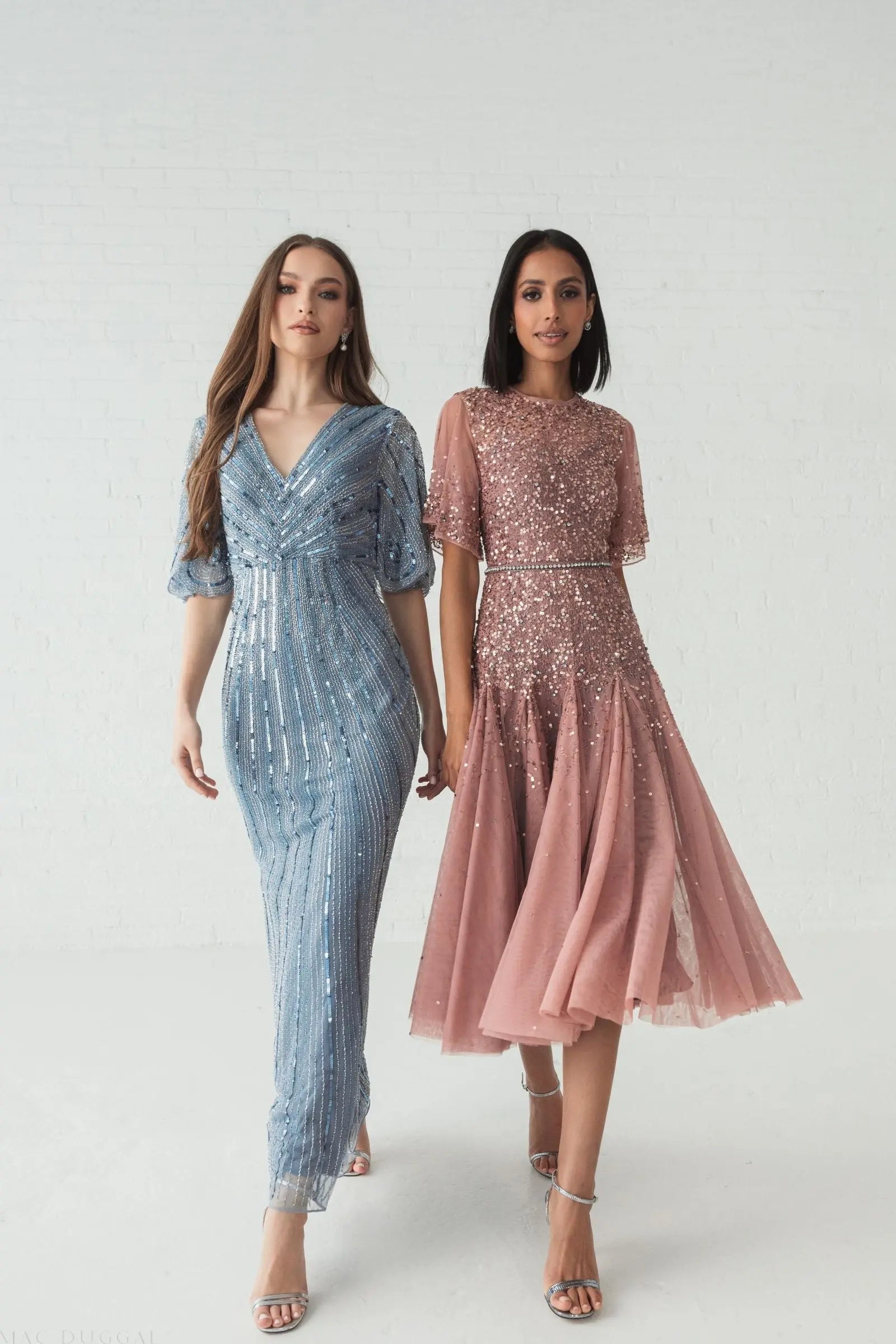 Blue Sequined V Neck Cape Sleeve Gown - Mac Duggal