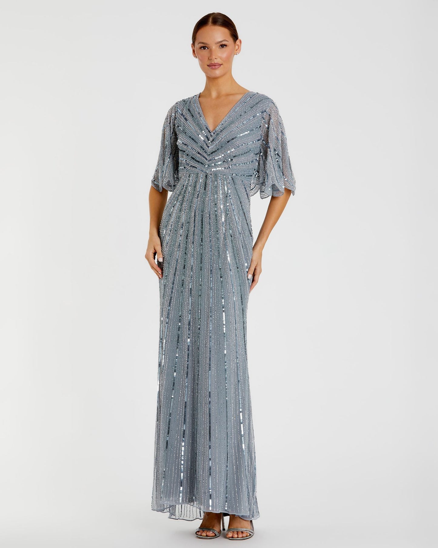 Sequined V Neck Cape Sleeve Column Gown