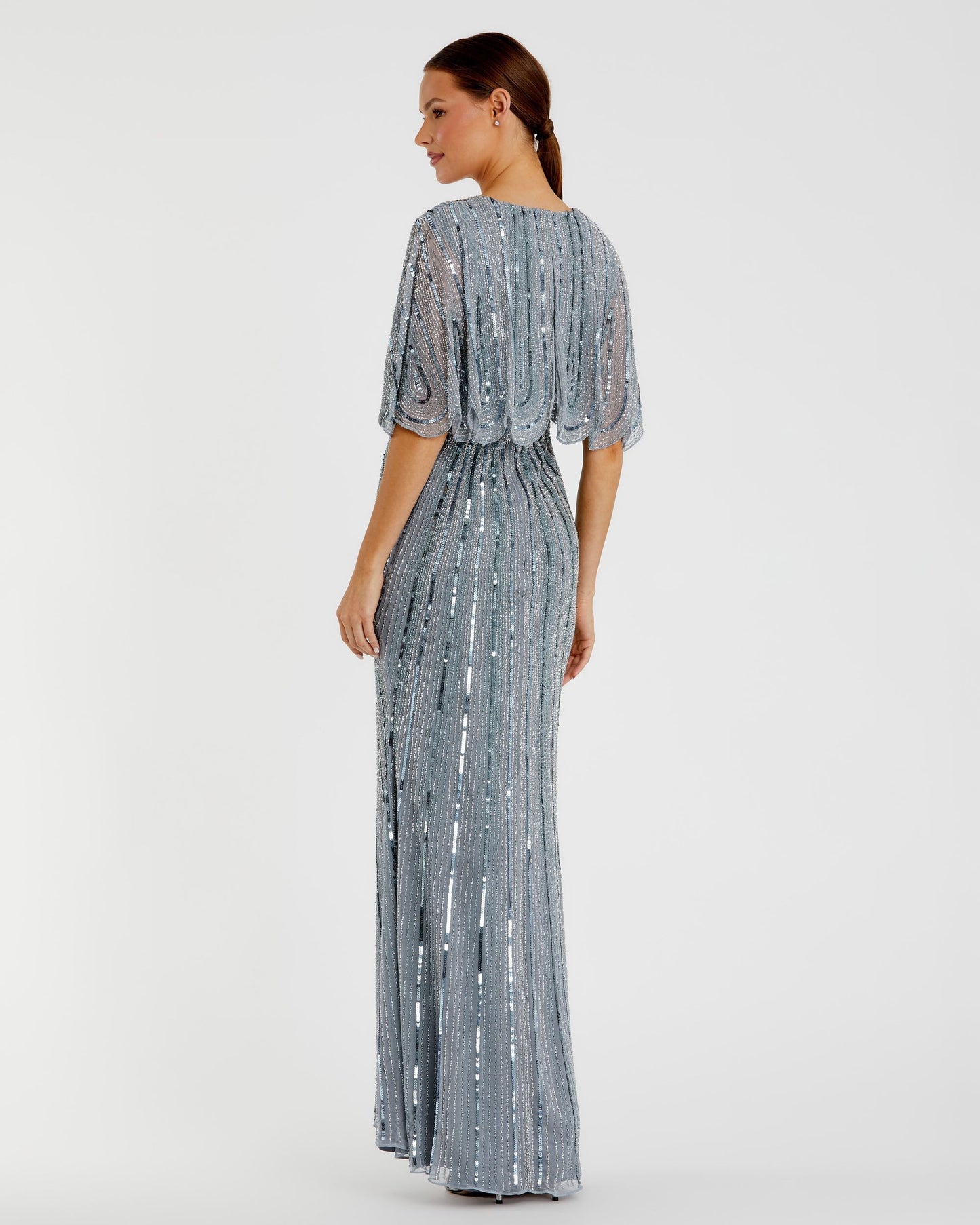 Sequined V Neck Cape Sleeve Column Gown