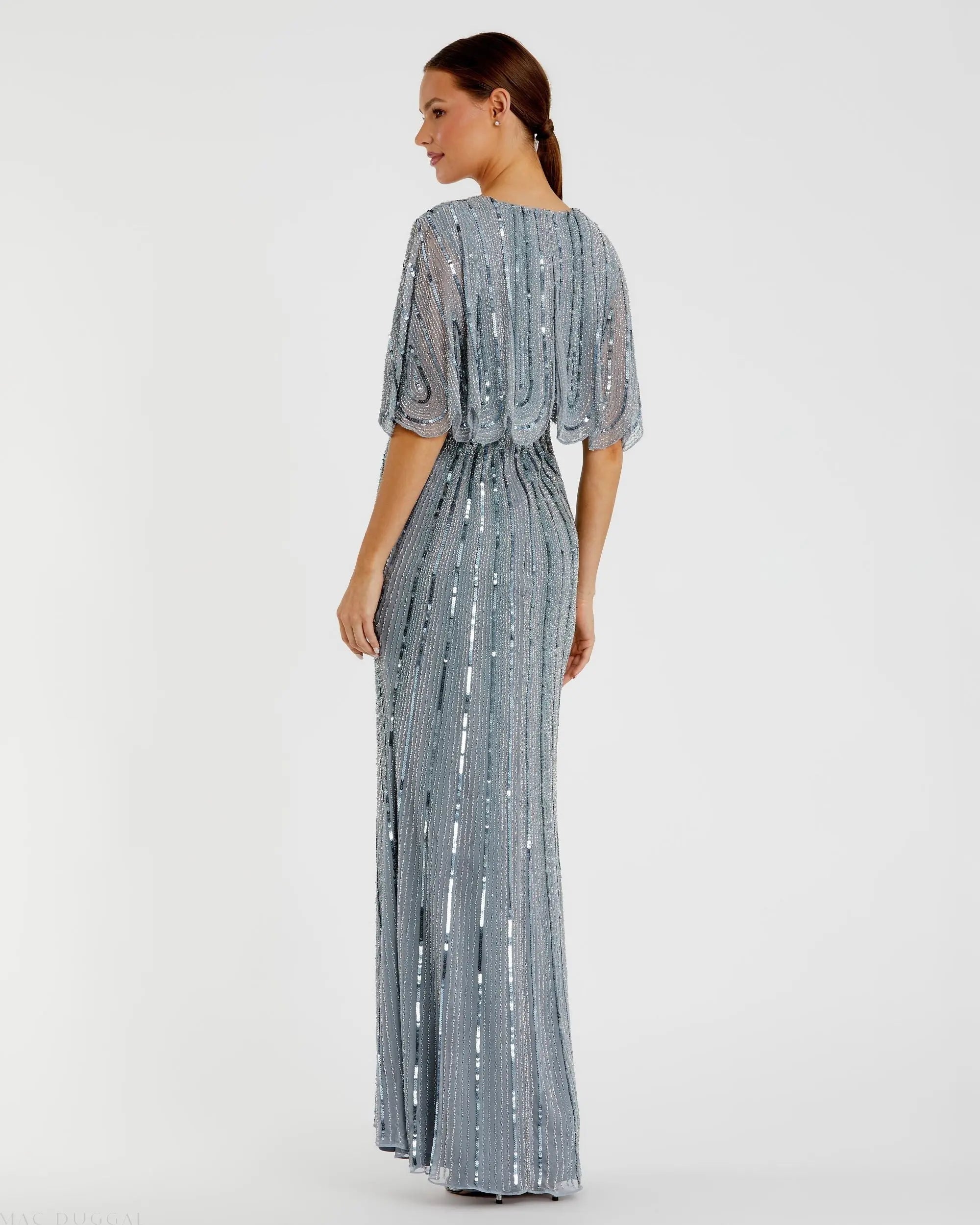 Blue Sequined V Neck Cape Sleeve Gown - Mac Duggal